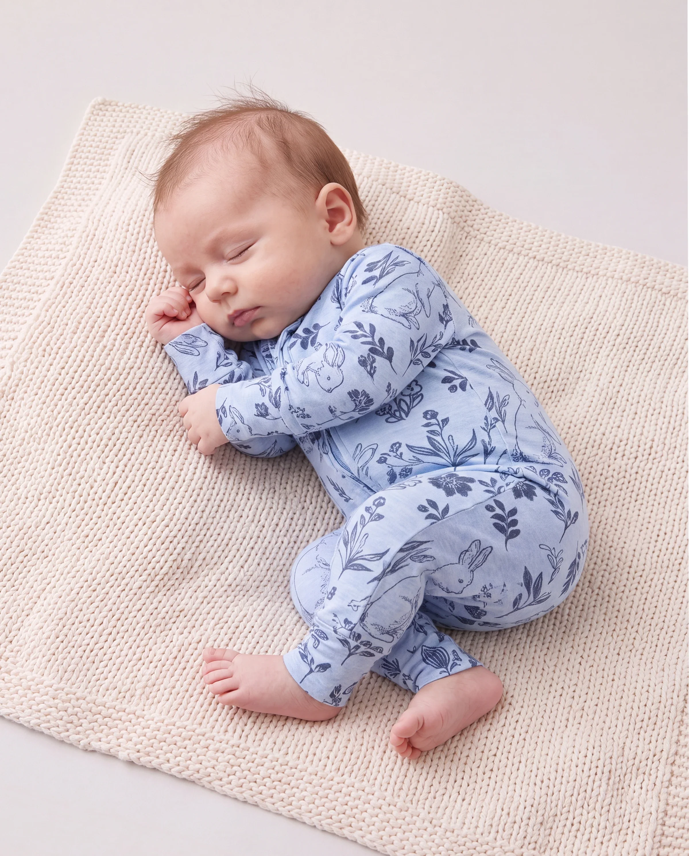 Baby Boy/Girl Plant Print Zip-up Snug-Fitting Wool Pajamas Light Blue - Image 3
