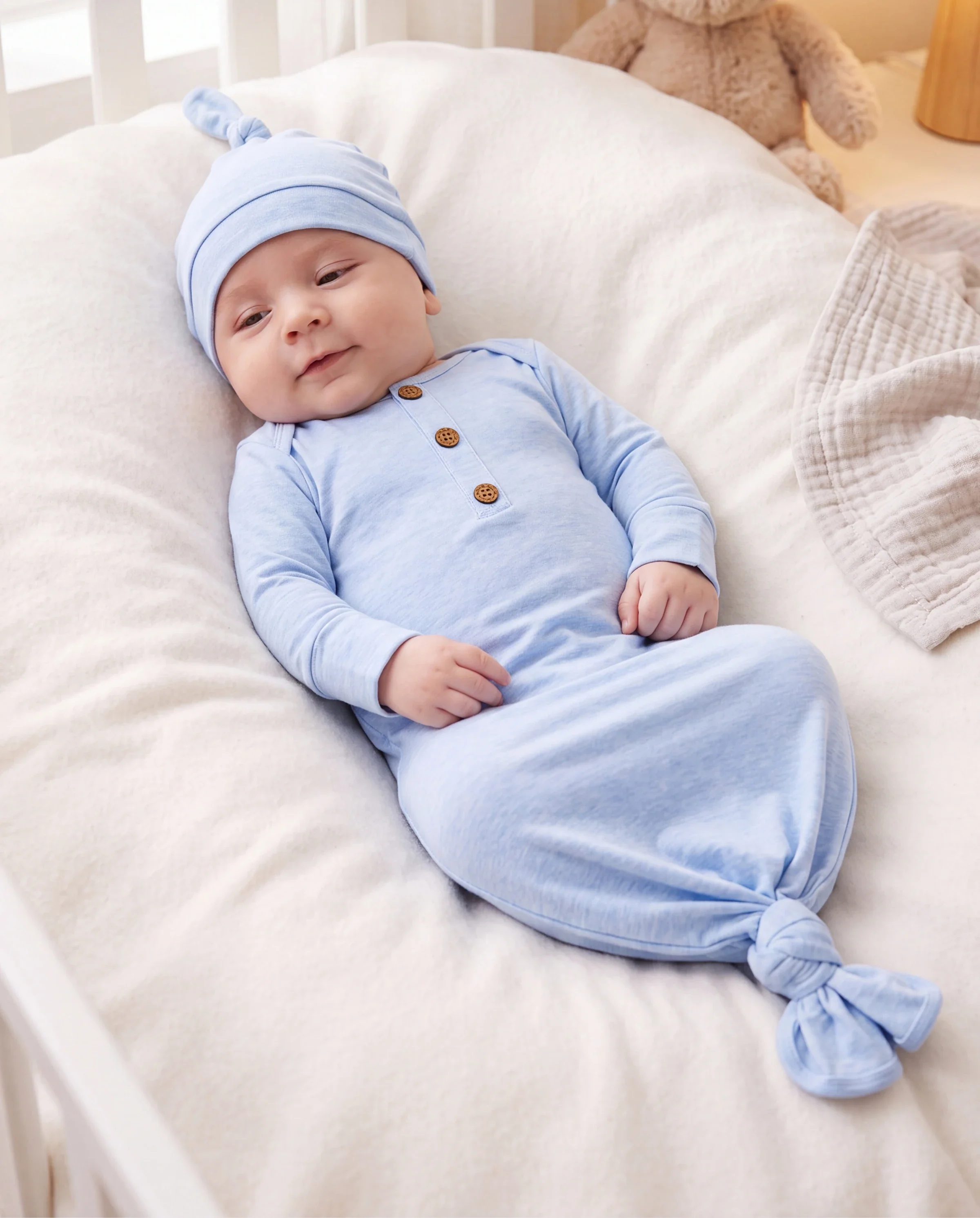 Baby Boy/Girl Solid Color Baby Sleeping Bag Infant Gown with Hat Light Blue - Image 6