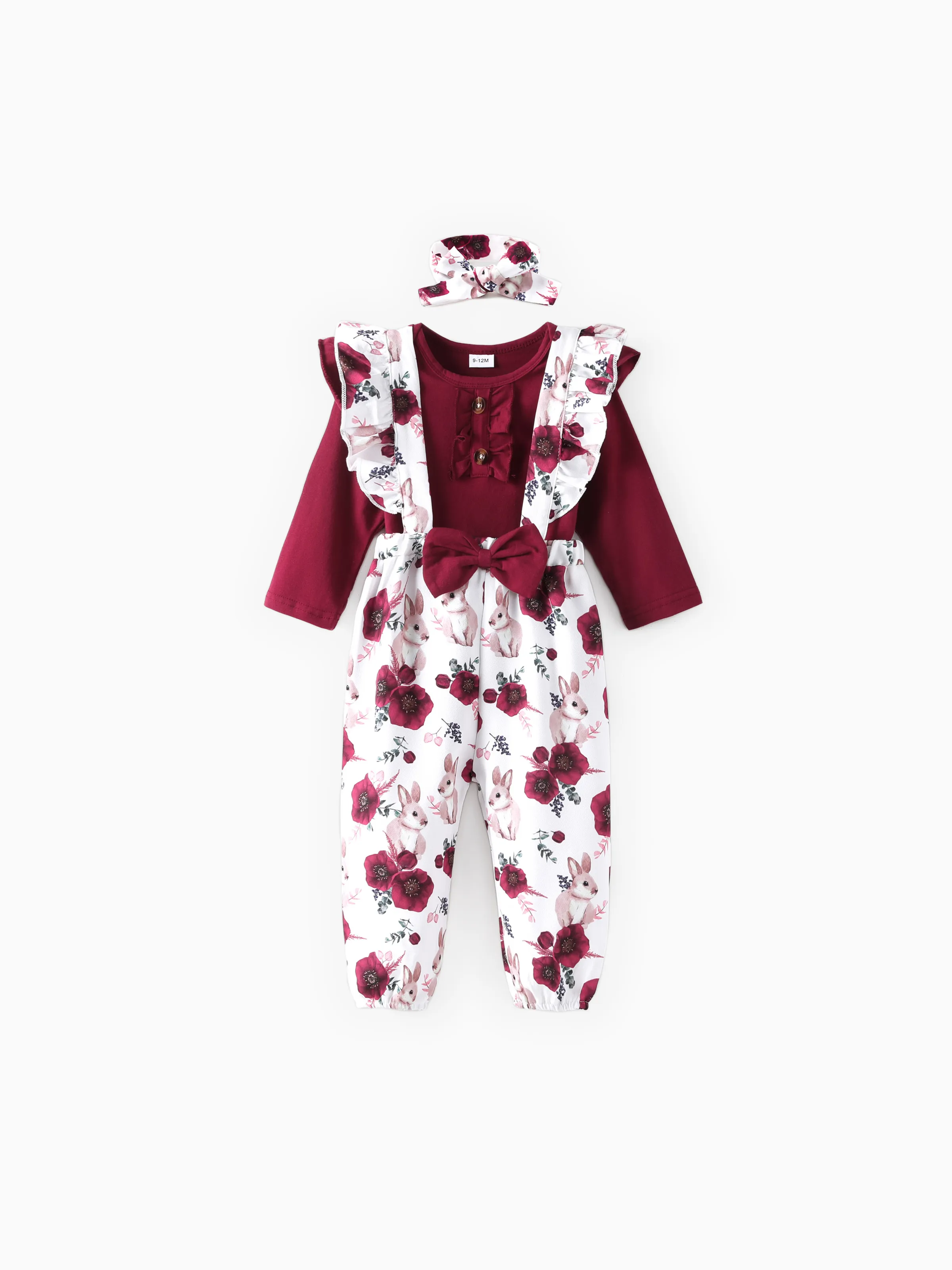 Baby Girl 3pcs Sweet Solid Romper and Floral Print Ruffled Overalls with Headband Set Burgundy