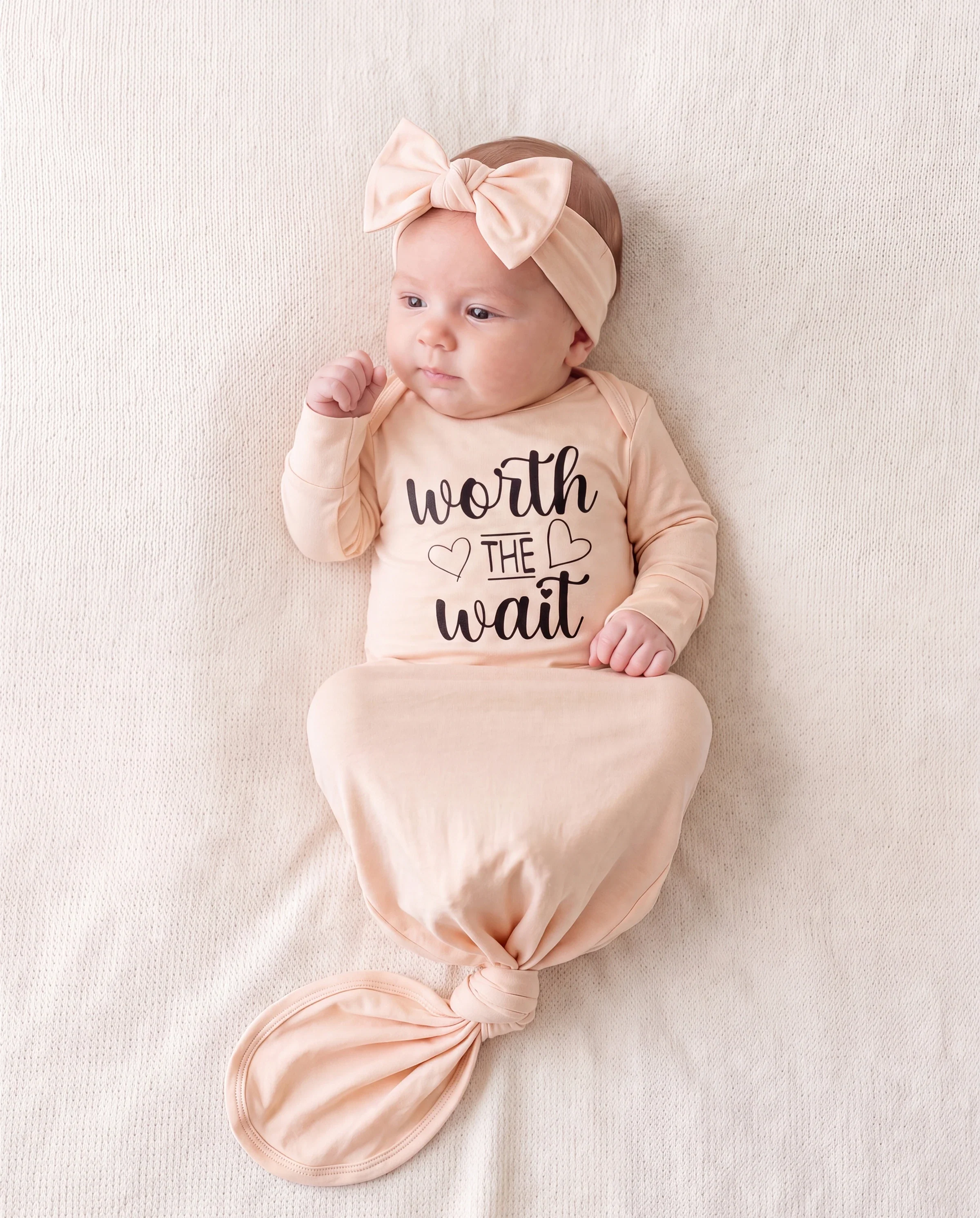 Baby / Girl Bamboo Sleeping Bag Infant Gown with Headband Apricot - Image 3