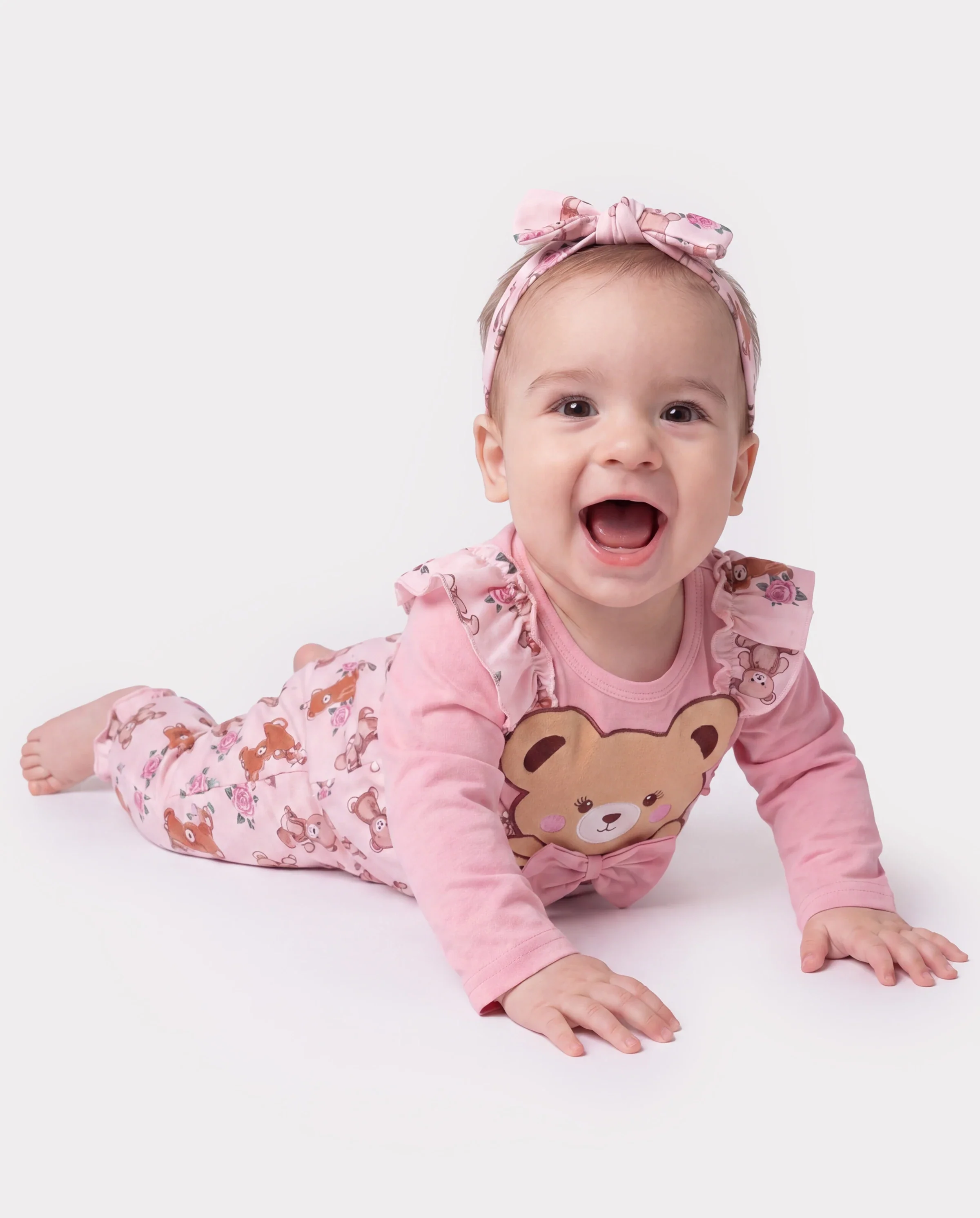 Baby Girl Bear Style Embroidered Floral Jumpsuit Pink - Image 2