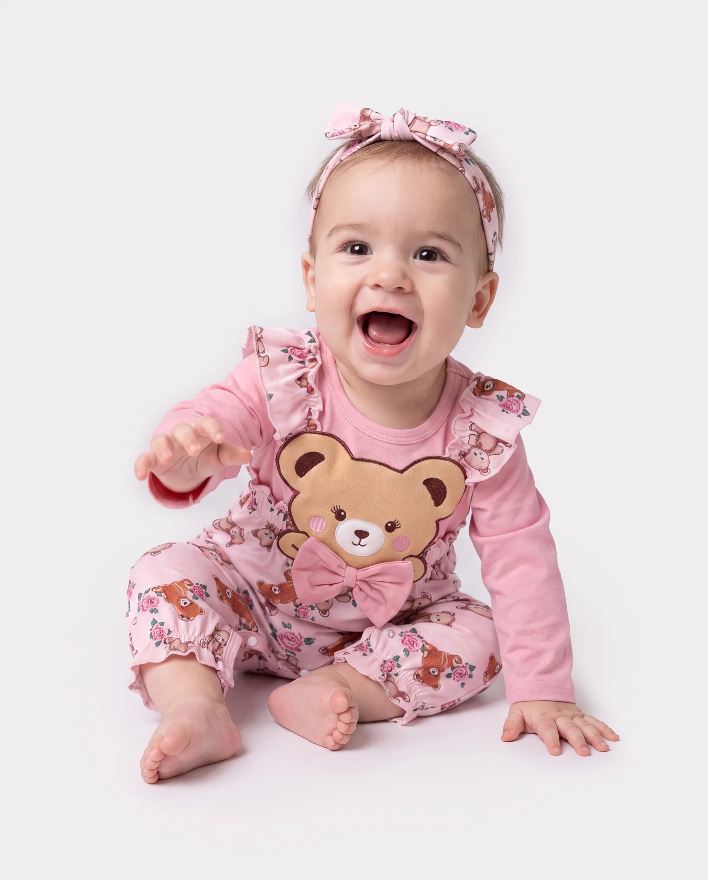 Baby Girl Bear Style Embroidered Floral Jumpsuit Pink - Image 3