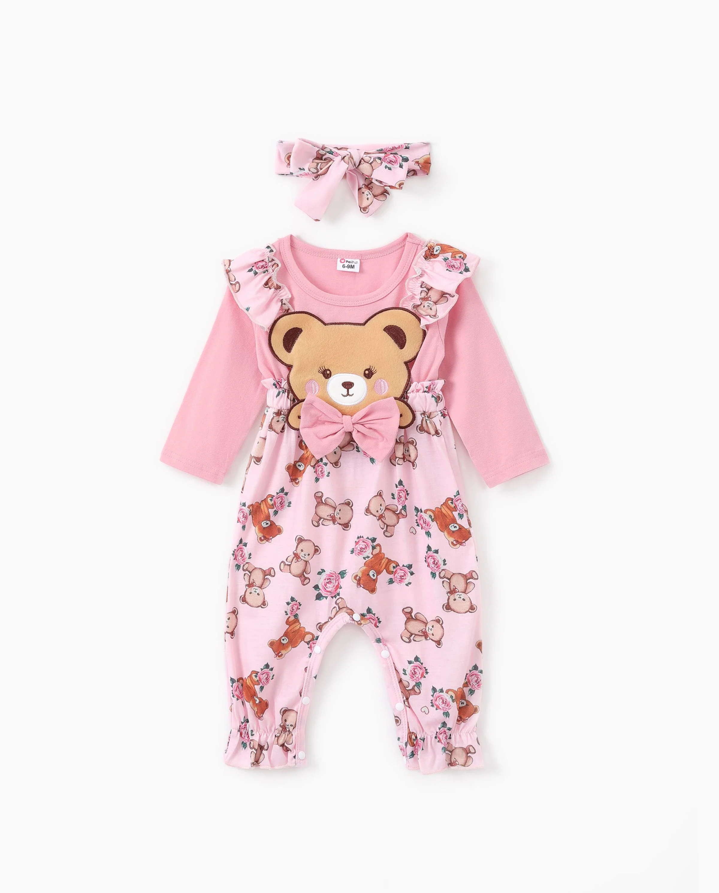Baby Girl Bear Style Embroidered Floral Jumpsuit Pink - Image 6