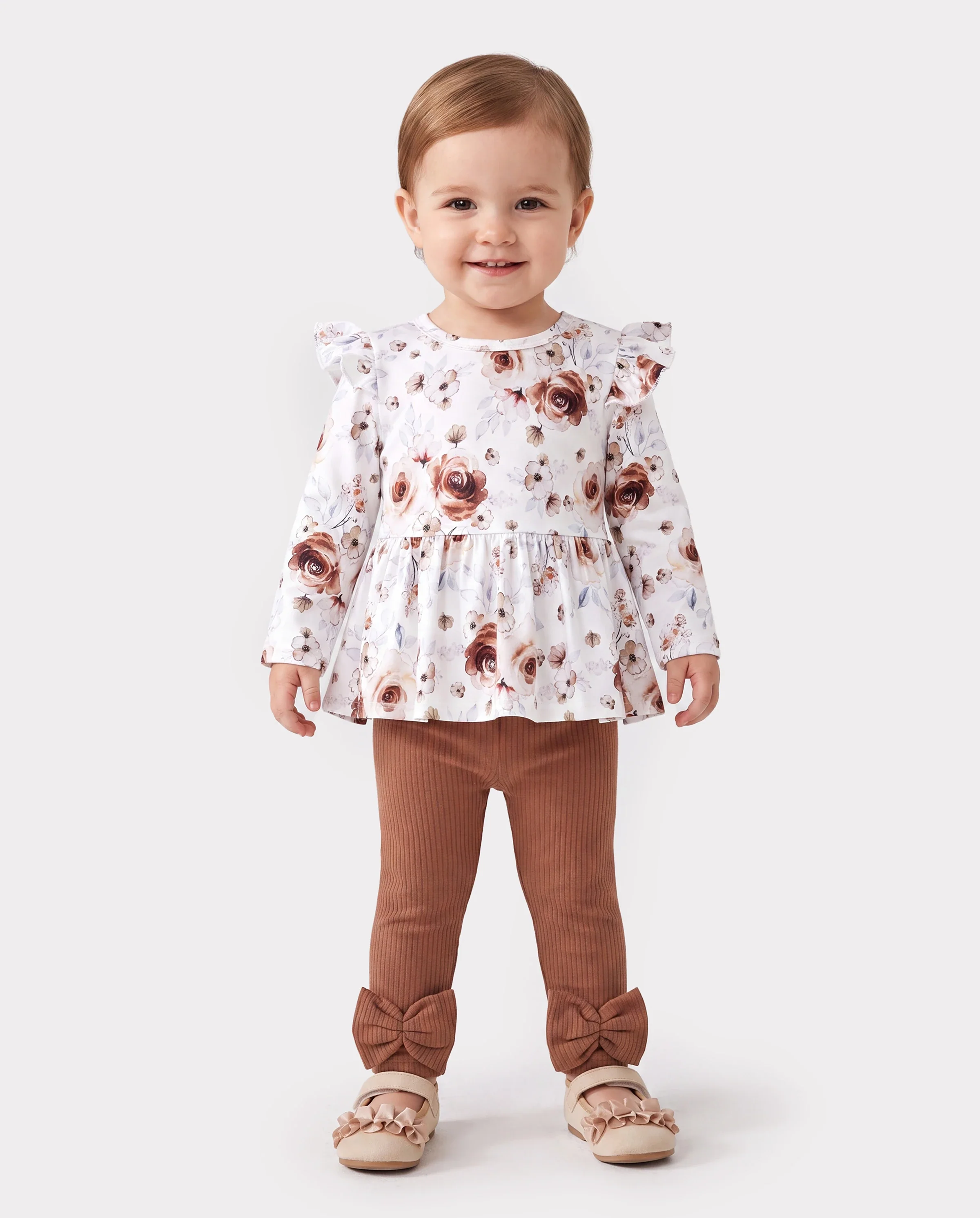 Baby Girl Clothes 2PCS Sweet Big Flower Flutter Sleeve Set
 Brown