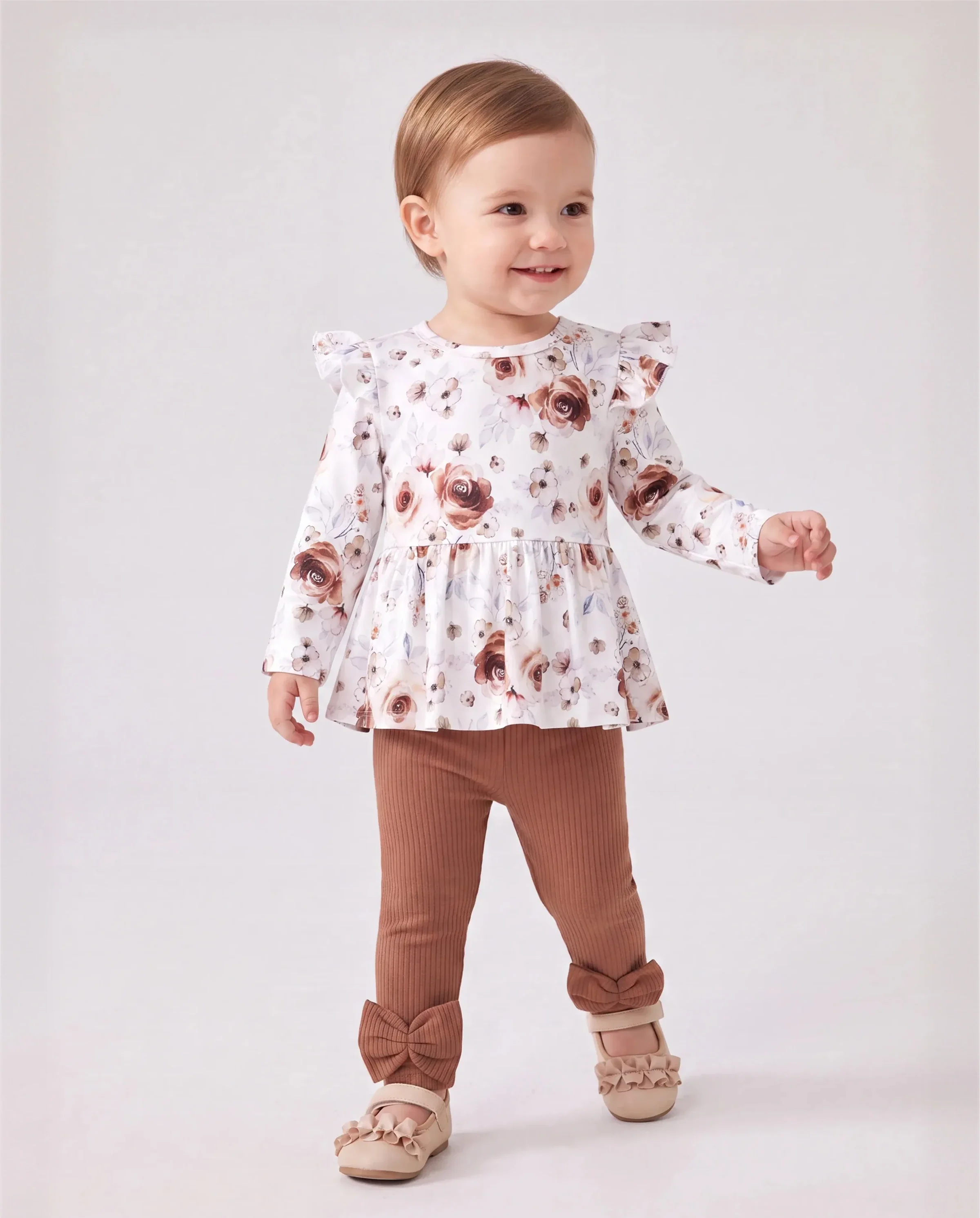 Baby Girl Clothes 2PCS Sweet Big Flower Flutter Sleeve Set
 Brown - Image 2