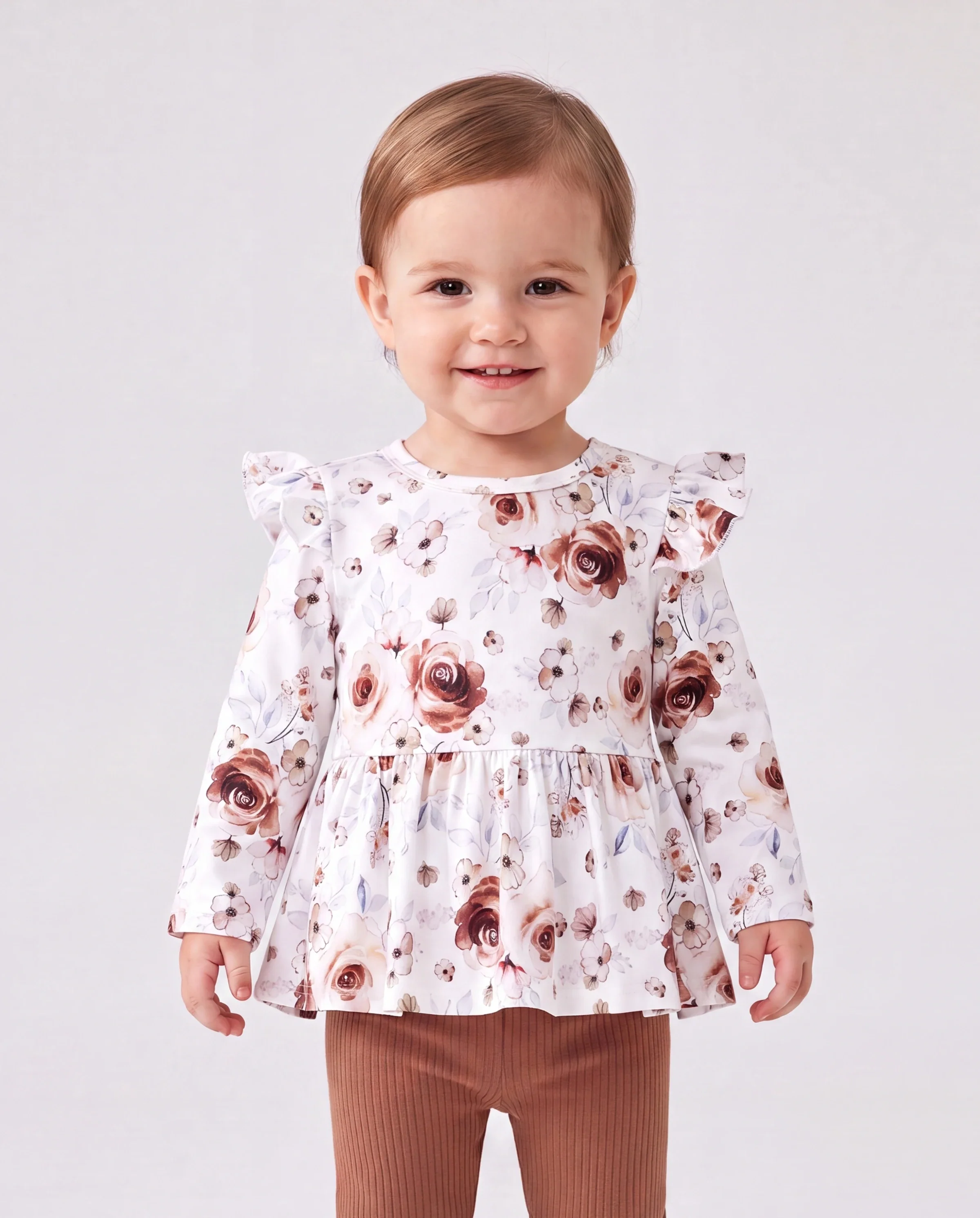 Baby Girl Clothes 2PCS Sweet Big Flower Flutter Sleeve Set
 Brown - Image 3