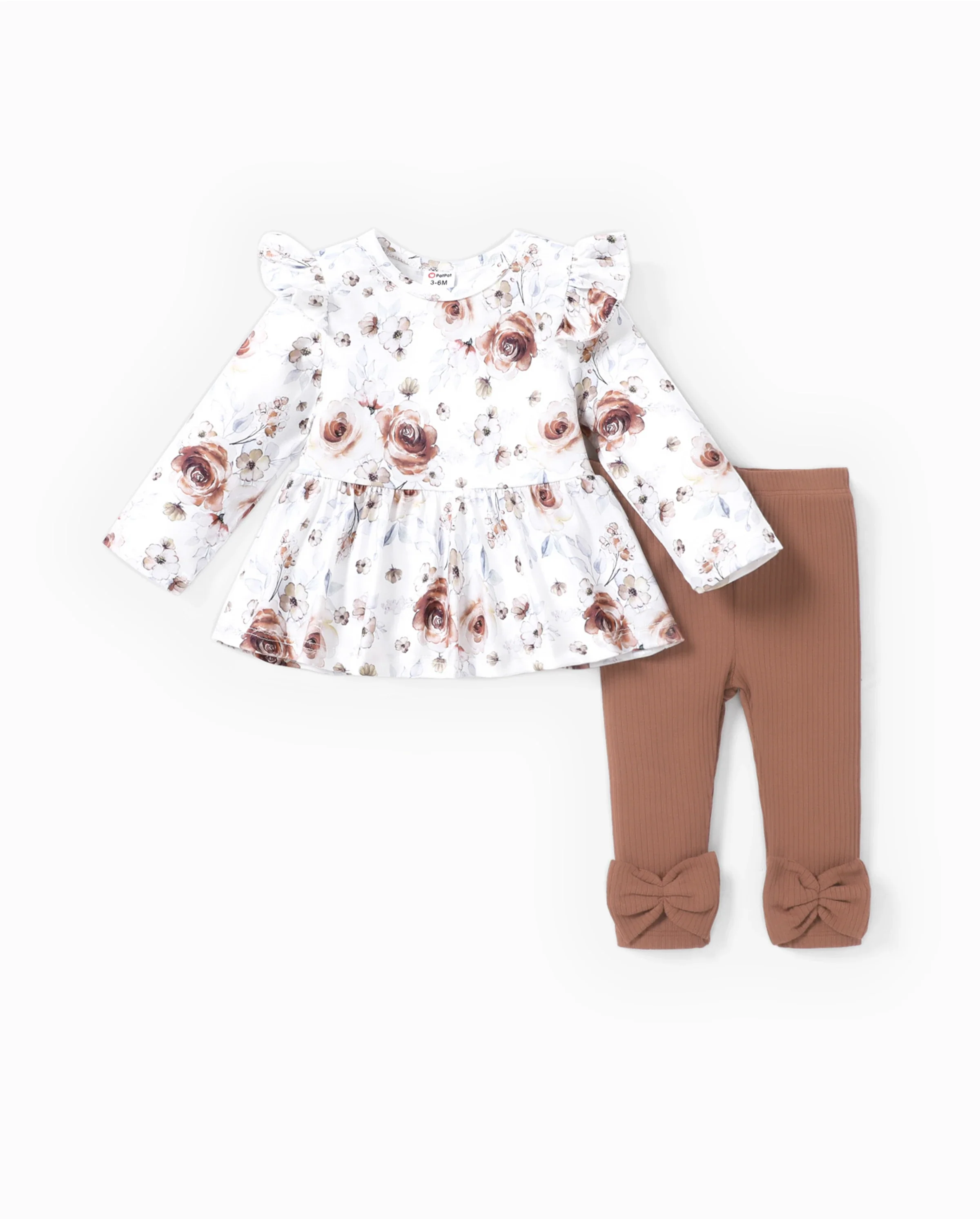 Baby Girl Clothes 2PCS Sweet Big Flower Flutter Sleeve Set
 Brown - Image 7