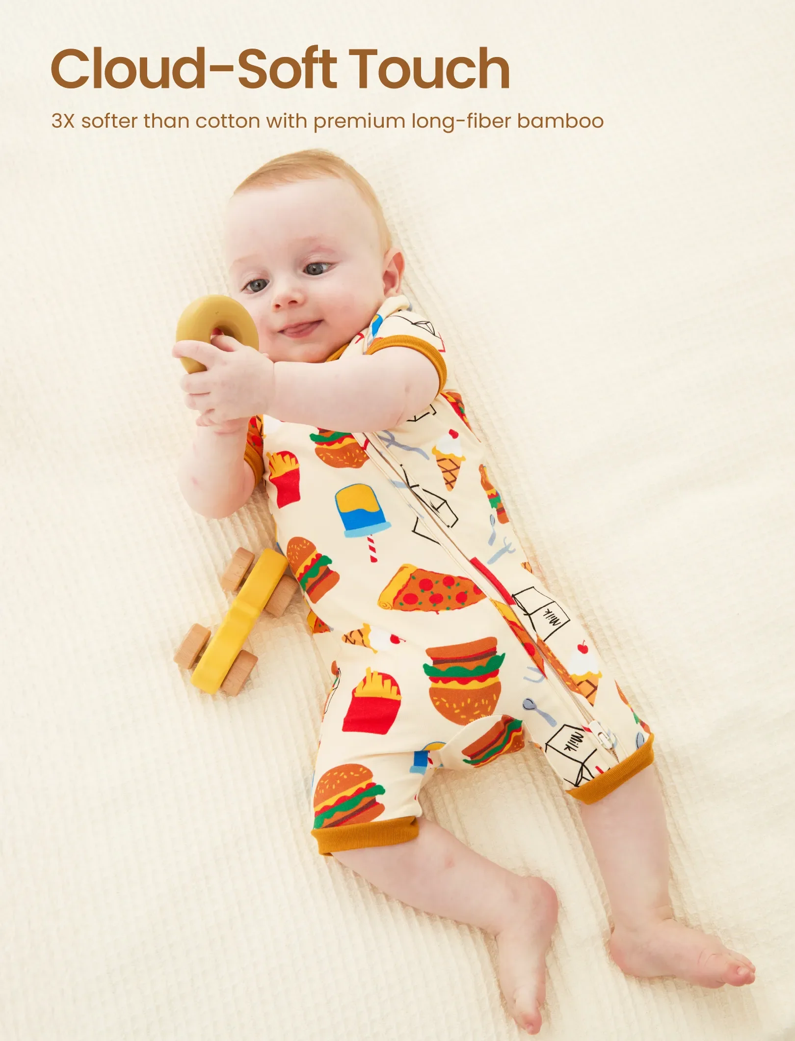 Bamboo Baby Boy / Girl 2-Way Zip Onesies Anti Slip Childlike Food Pattern Bamboo Sleepwear (Snug-Fitting)
Brown - Image 4
