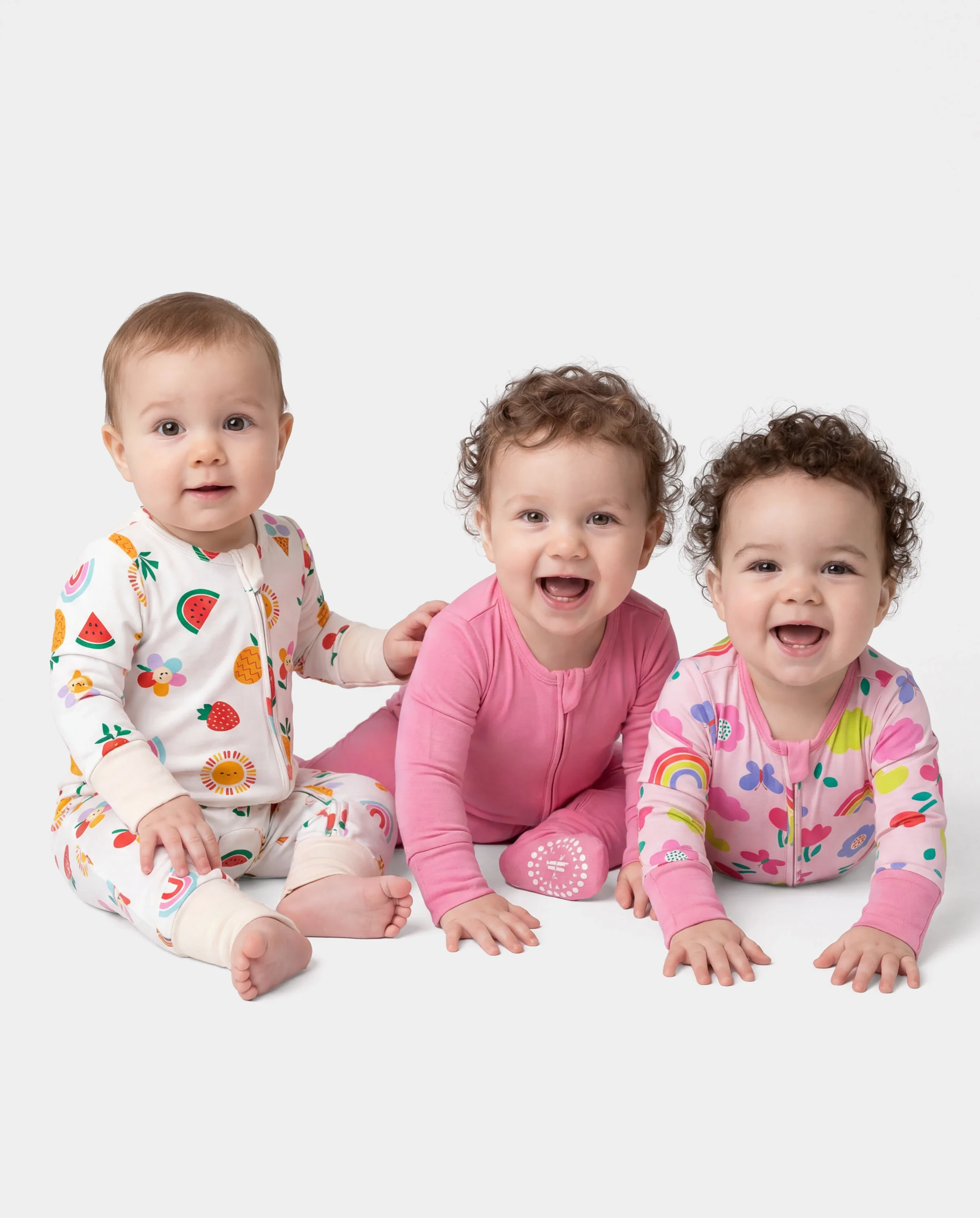 Bamboo Baby Boy / Girl 3-Pack Solid&Rainbow Printed 2-Way Zipper Anti Slip Long-sleeve Footie Pink - Image 3