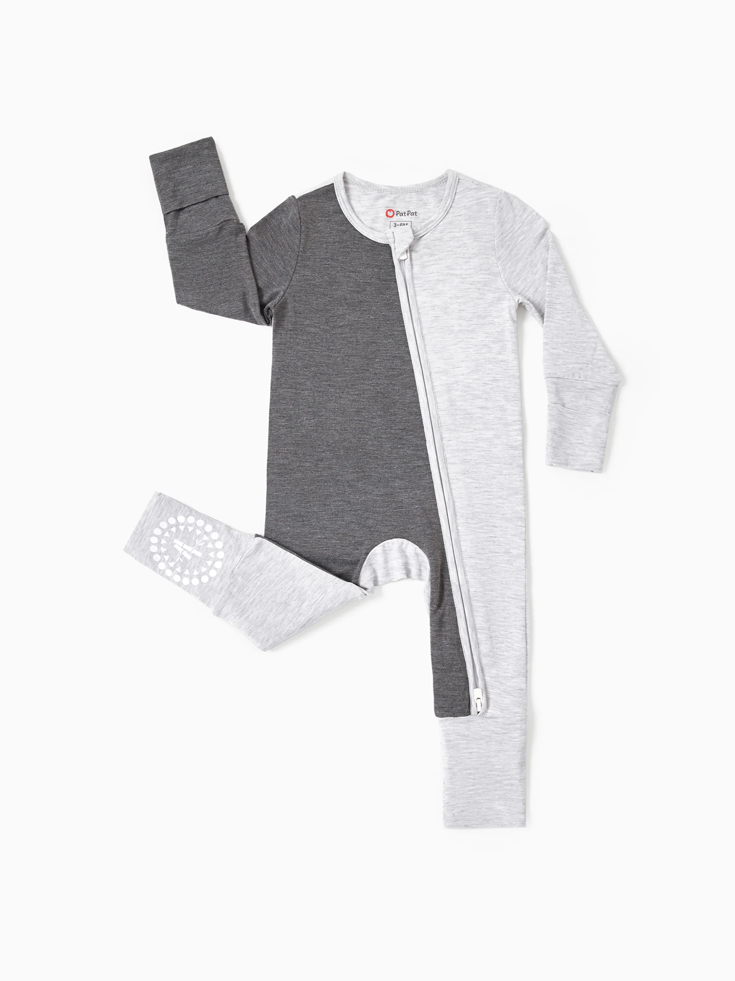 Bamboo Baby Boy / Girl Color Block 2-Way Zipper Anti Slip Long Sleeve Rompers Grey