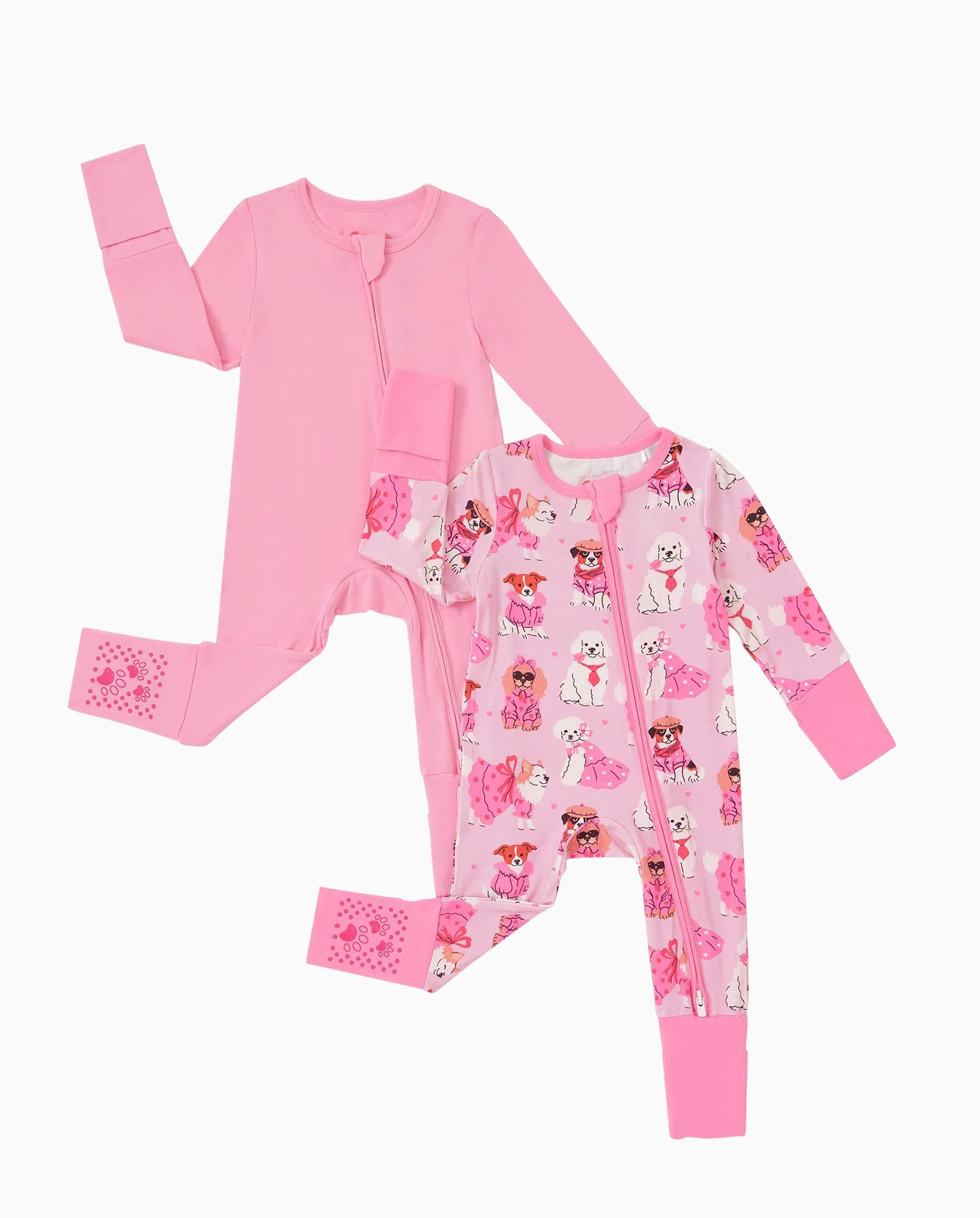 Bamboo Baby Boy/Girl 2-Pack Solid&Bee Printed 2-Way Zipper Anti Slip Footie Pink - Image 6