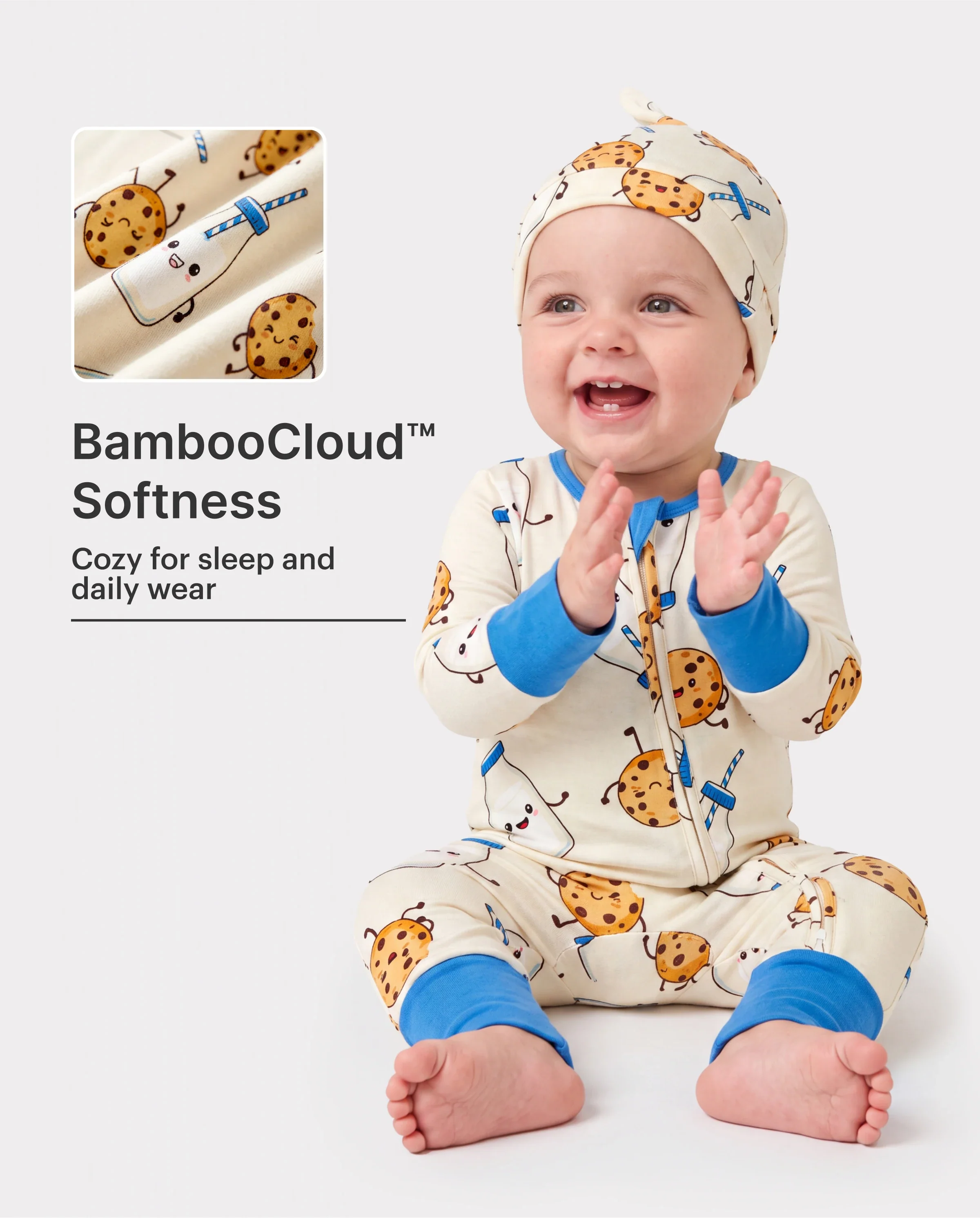 Bamboo Baby Boy/Girl Animal Printed 2-Way Zip Onesies Anti Slip Long-sleeve Footie with Hairband Blue - Image 2