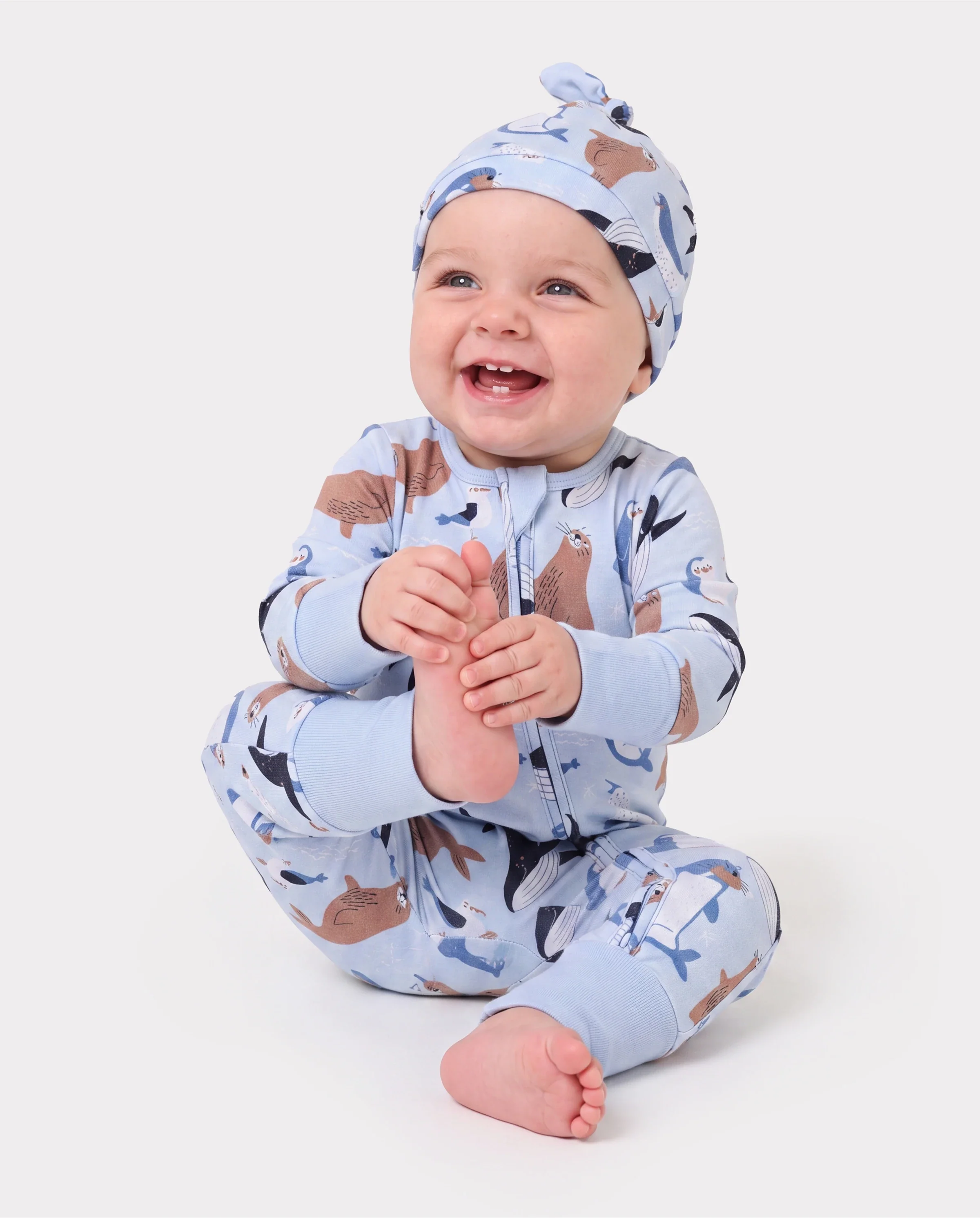 Bamboo Baby Boy/Girl Animal Printed 2-Way Zip Onesies Anti Slip Long-sleeve Footie with Hairband Royal Blue - Image 3