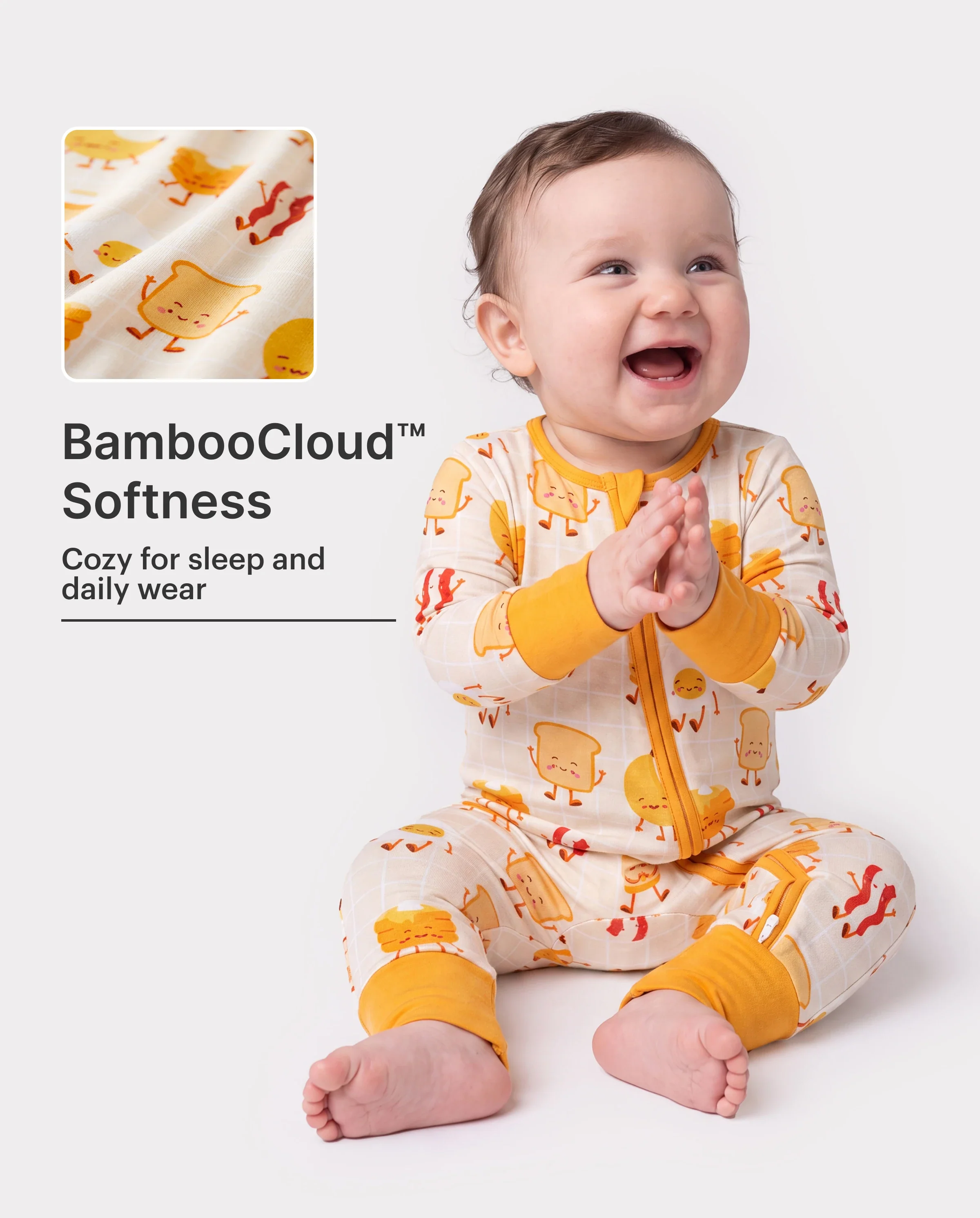 Bamboo Baby Boy/Girl Cartoon Printed 2-Way Zip Onesies Anti Slip Long-sleeve Footie Pale Yellow - Image 2
