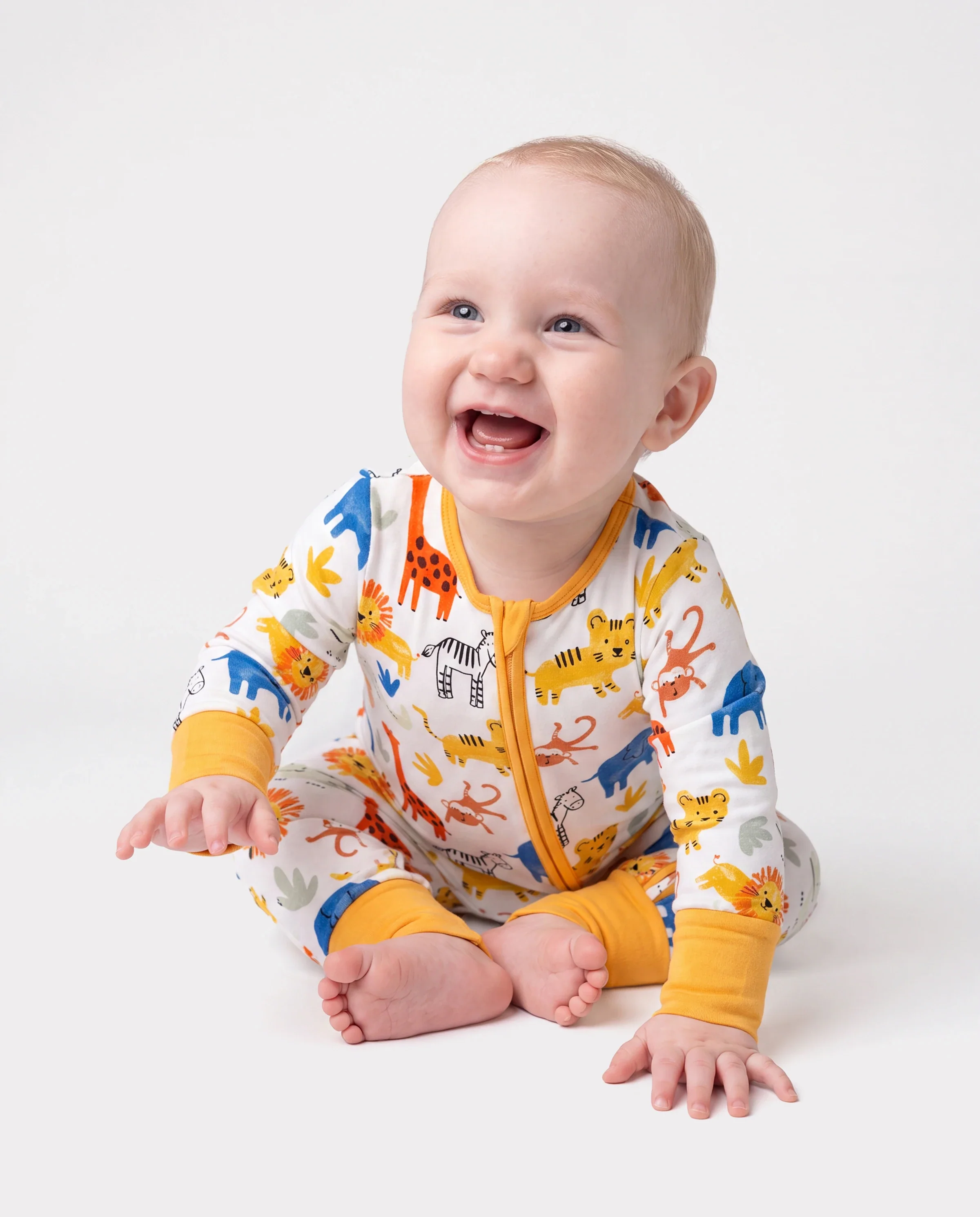 Bamboo Baby Boy/Girl Cartoon Printed 2-Way Zip Onesies Anti Slip Long-sleeve Footie Yellow - Image 2