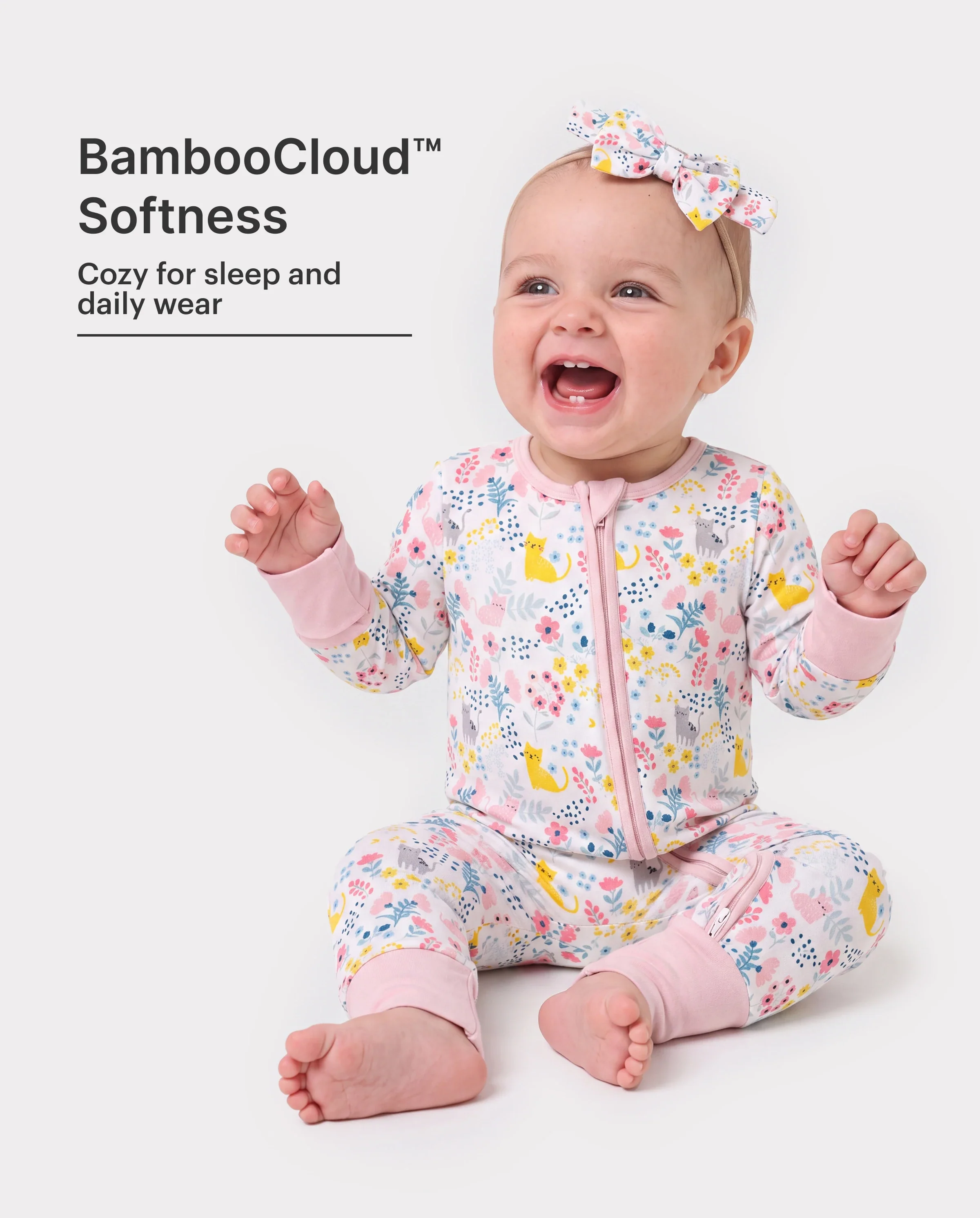 Bamboo Baby Girl Elegant Printed 2-Way Zip Onesies Anti Slip Long-sleeve Footie with Hairband Light Pink - Image 2
