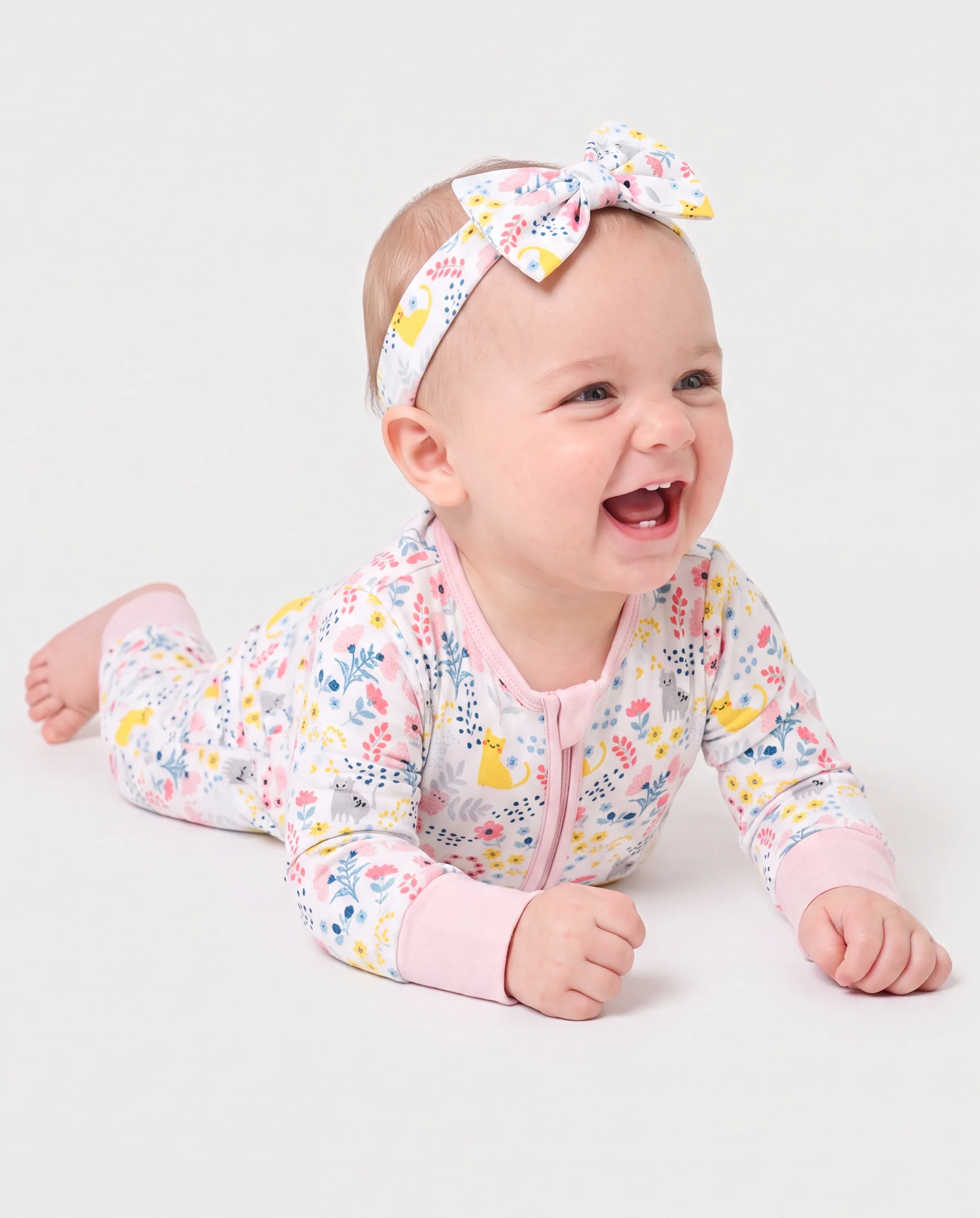 Bamboo Baby Girl Elegant Printed 2-Way Zip Onesies Anti Slip Long-sleeve Footie with Hairband Light Pink - Image 3