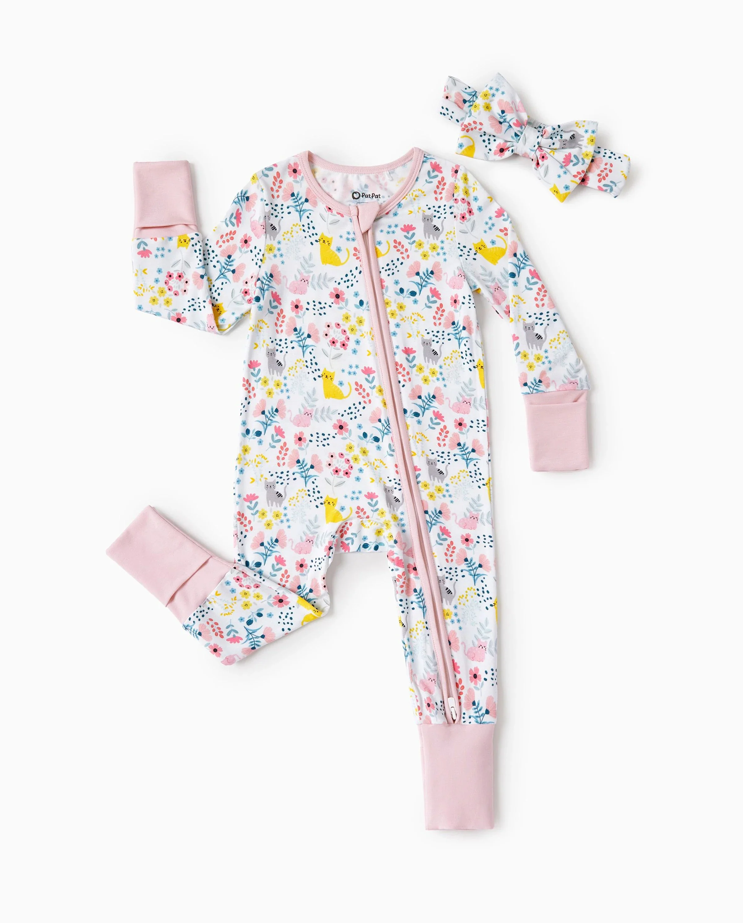 Bamboo Baby Girl Elegant Printed 2-Way Zip Onesies Anti Slip Long-sleeve Footie with Hairband Light Pink - Image 6