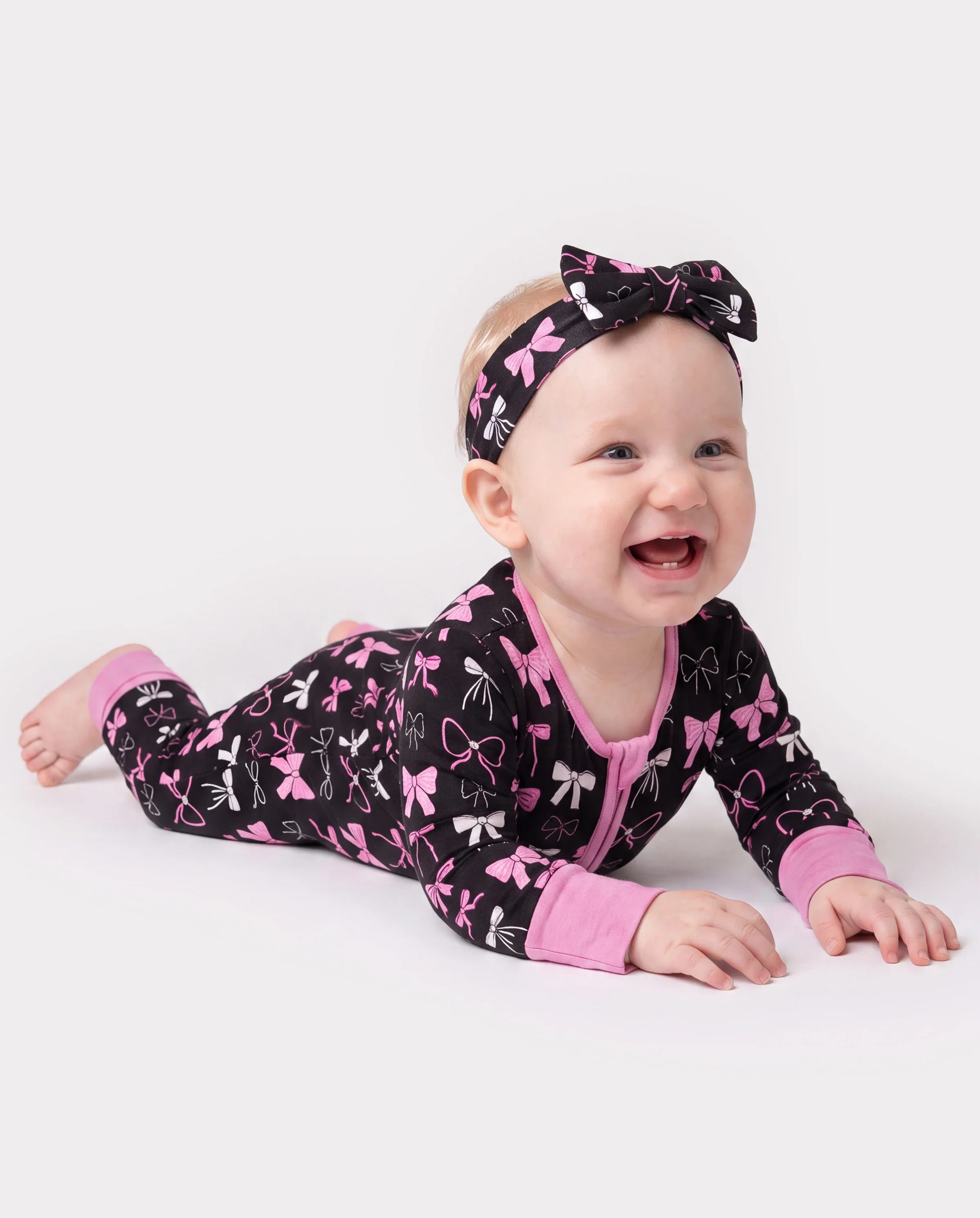 Bamboo Baby Girl Elegant Printed 2-Way Zip Onesies Anti Slip Long-sleeve Footie with Hairband Pink purple - Image 2