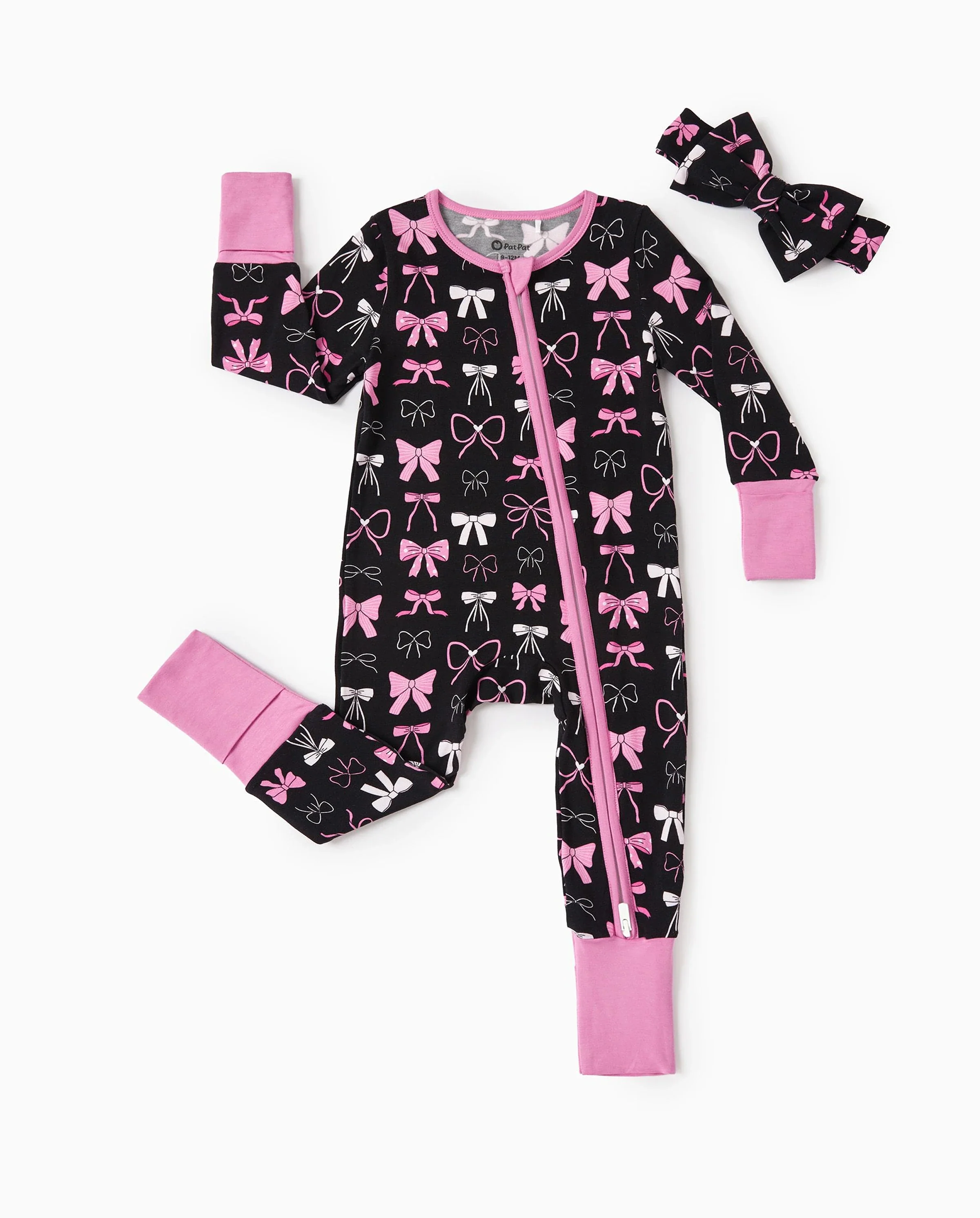 Bamboo Baby Girl Elegant Printed 2-Way Zip Onesies Anti Slip Long-sleeve Footie with Hairband Pink purple - Image 6