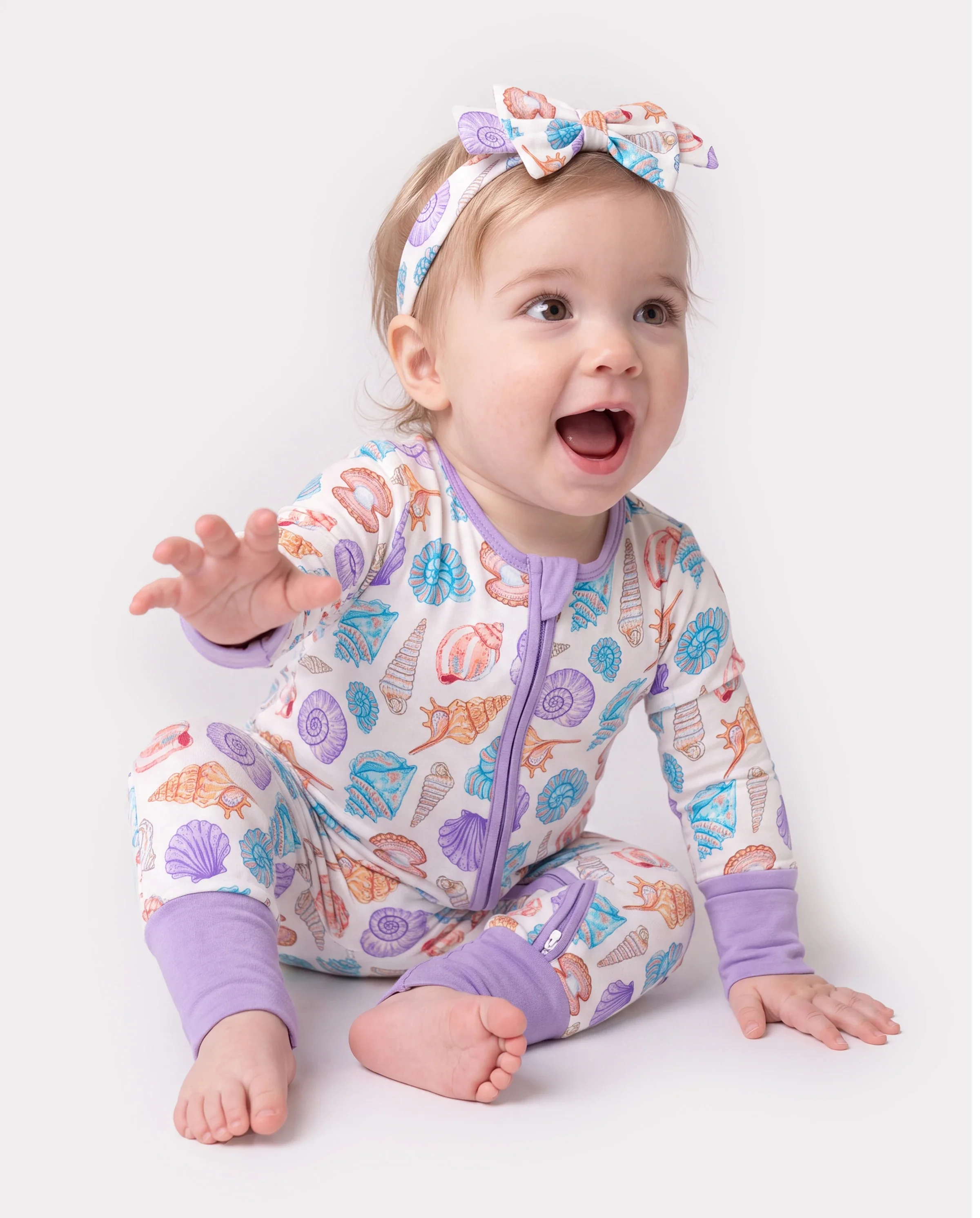 Bamboo Baby Girl Elegant Printed 2-Way Zip Onesies Anti Slip Long-sleeve Footie with Hairband Purple - Image 3