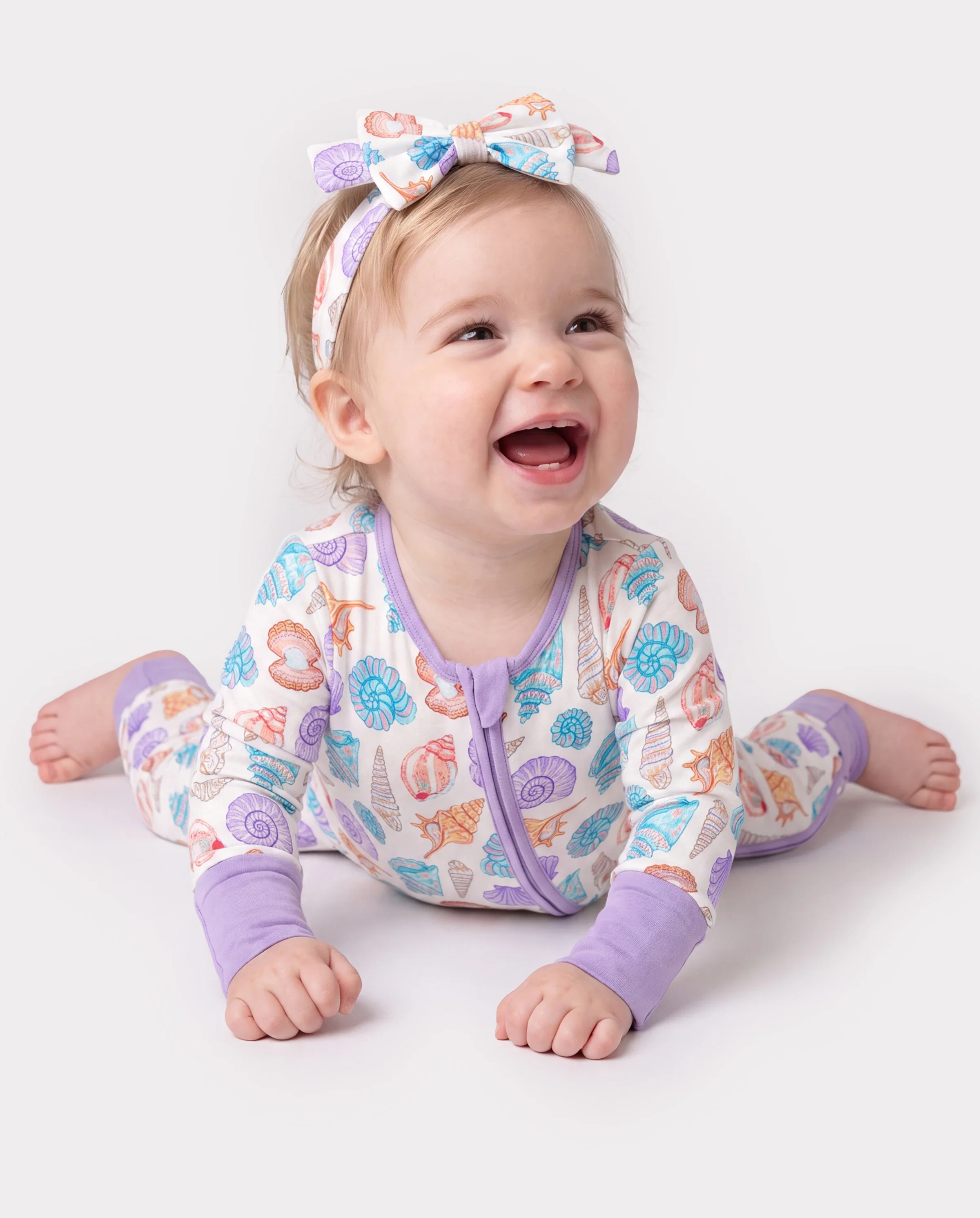 Bamboo Baby Girl Elegant Printed 2-Way Zip Onesies Anti Slip Long-sleeve Footie with Hairband Purple - Image 5