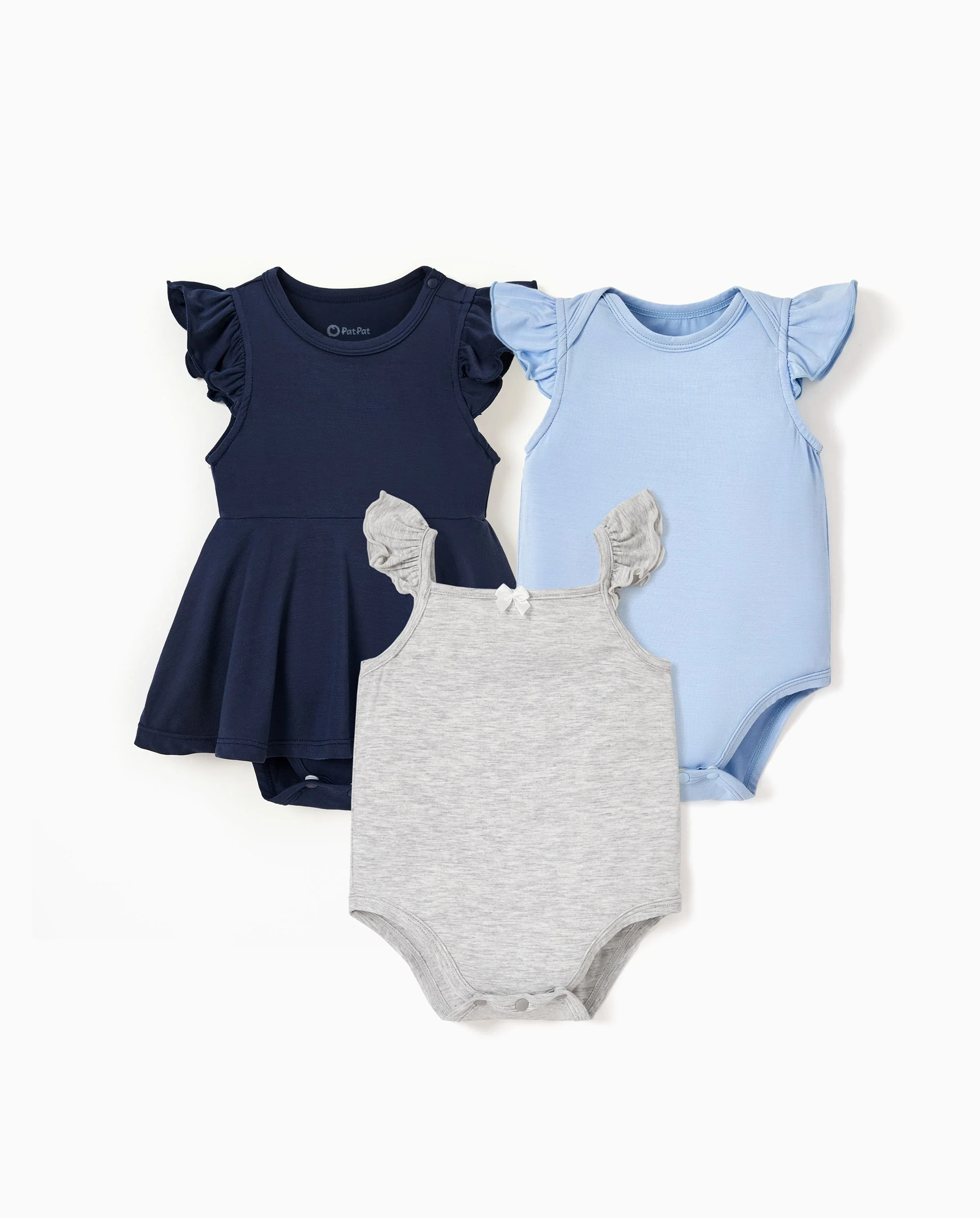 Bamboo Baby Girl Solid Color 3-Piece Rompers Set Blue - Image 6
