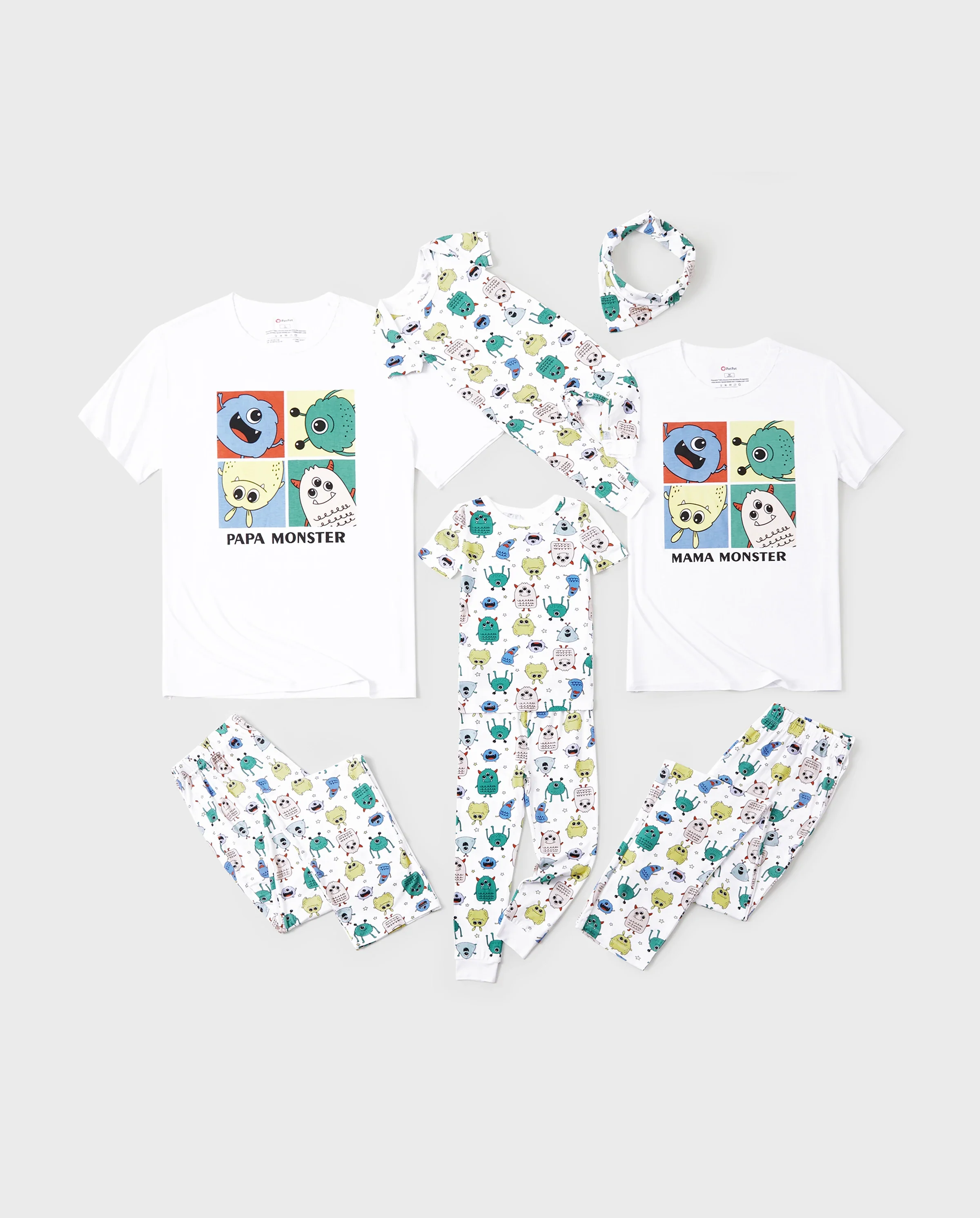 Bamboo Family Pajamas Cute Little Monster Print Short-sleeve Matching Pajama Set ( Snug-Fitting for Children ) White - Image 10