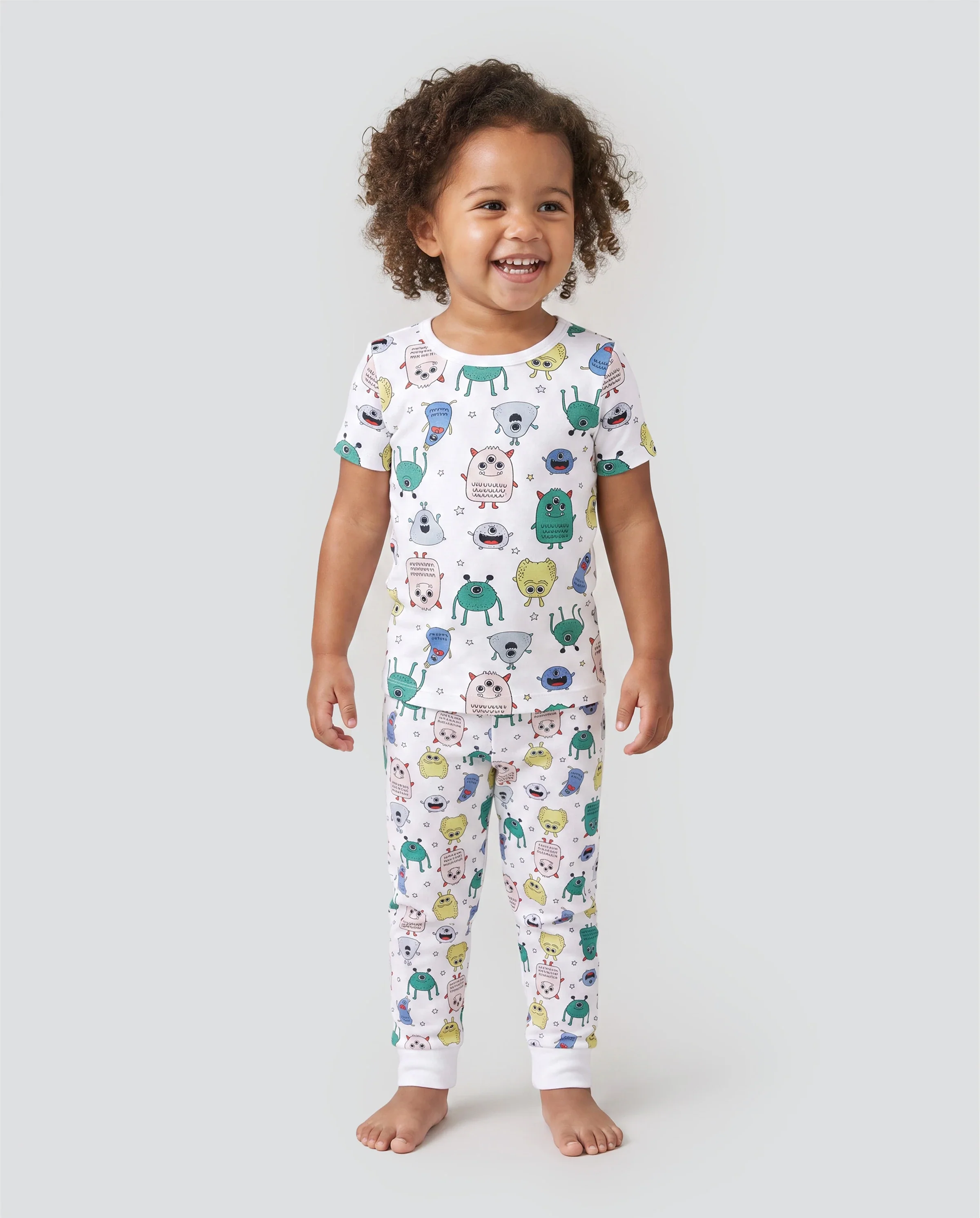Bamboo Family Pajamas Cute Little Monster Print Short-sleeve Matching Pajama Set ( Snug-Fitting for Children ) White - Image 3