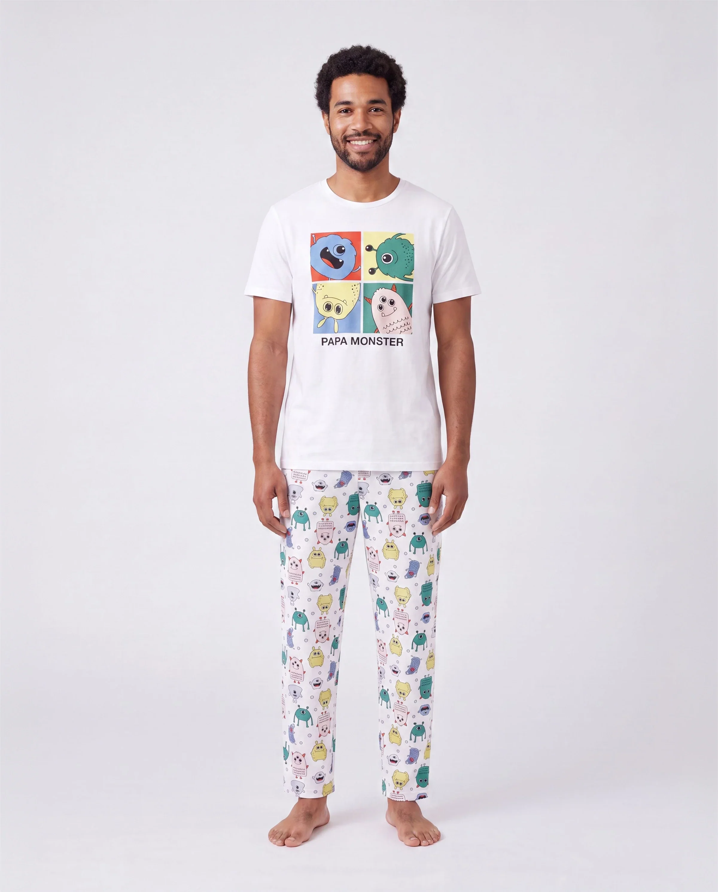 Bamboo Family Pajamas Cute Little Monster Print Short-sleeve Matching Pajama Set ( Snug-Fitting for Children ) White - Image 5