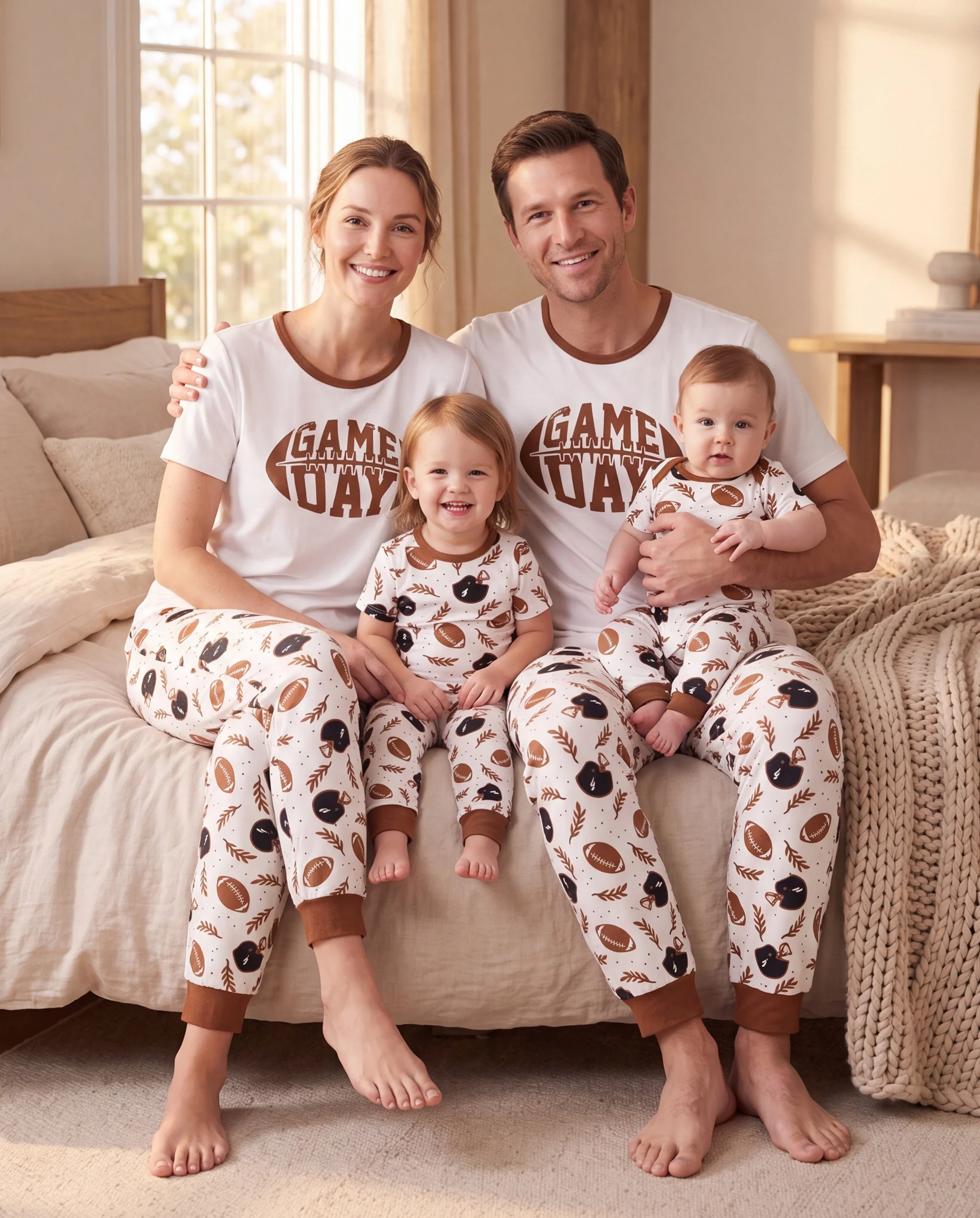 Bamboo Family Pajamas Football and Letter Print Short-sleeve Matching Pajama Set ( Snug-Fitting for Children ) Khaki - Image 11