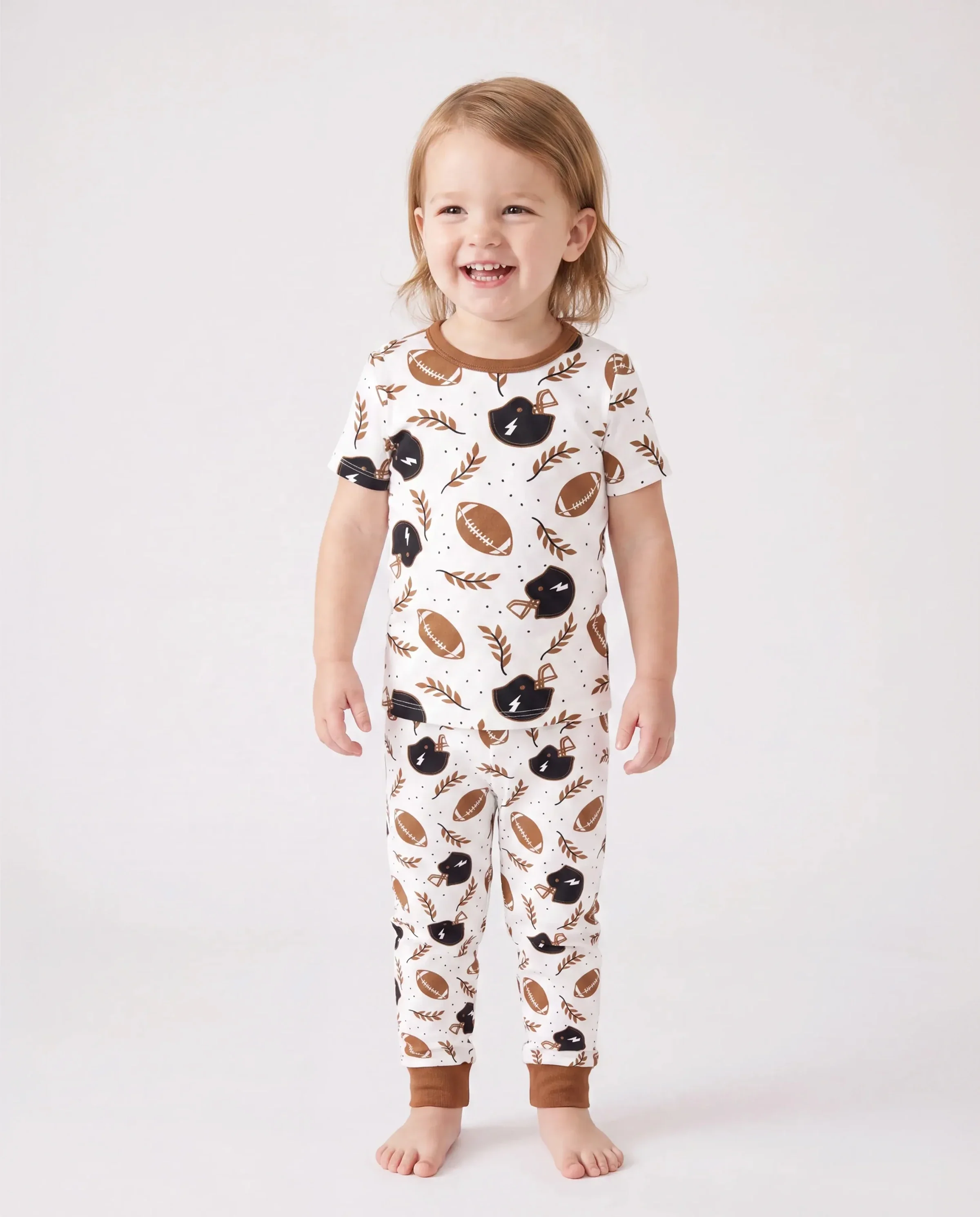 Bamboo Family Pajamas Football and Letter Print Short-sleeve Matching Pajama Set ( Snug-Fitting for Children ) Khaki - Image 3