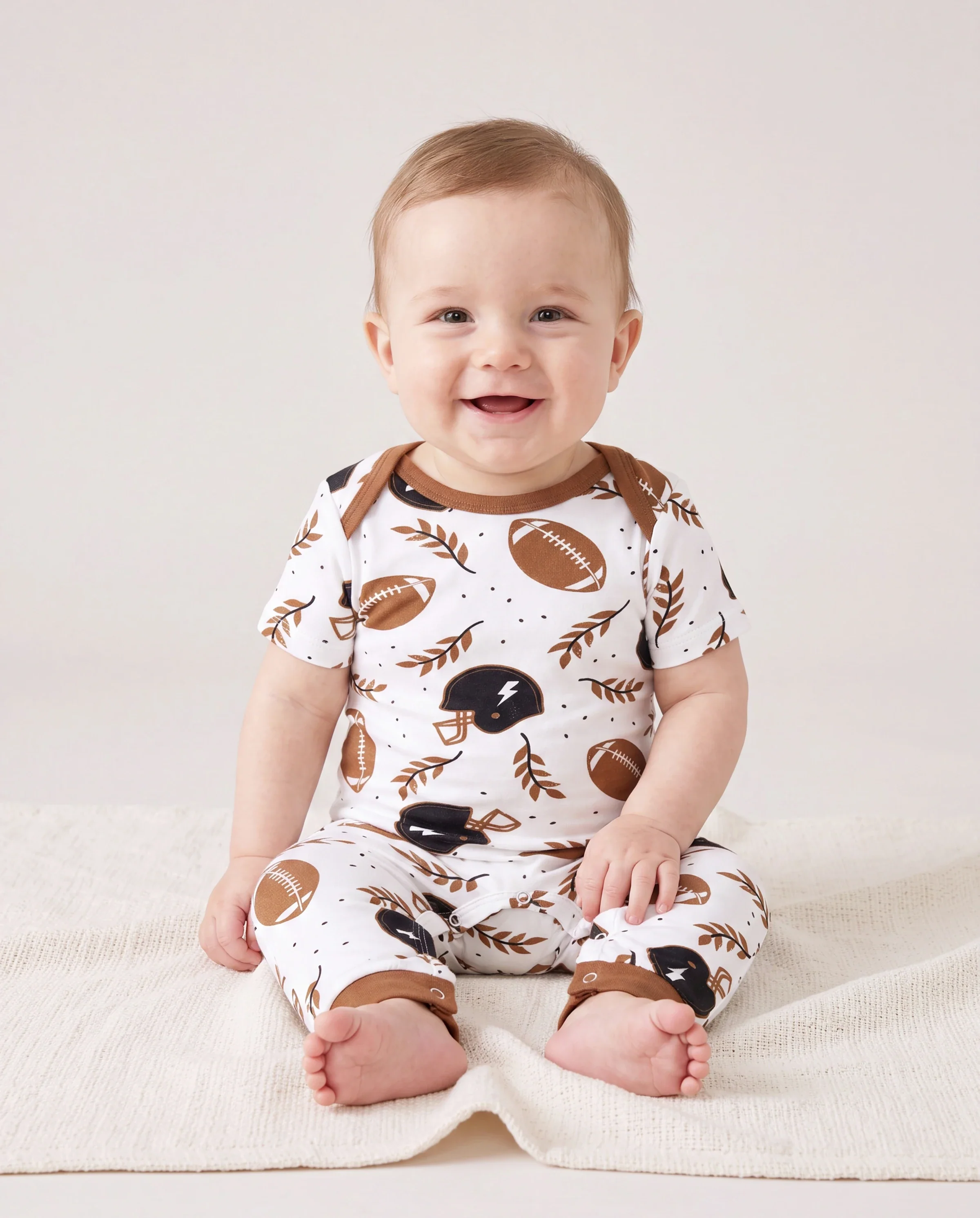Bamboo Family Pajamas Football and Letter Print Short-sleeve Matching Pajama Set ( Snug-Fitting for Children ) Khaki - Image 4