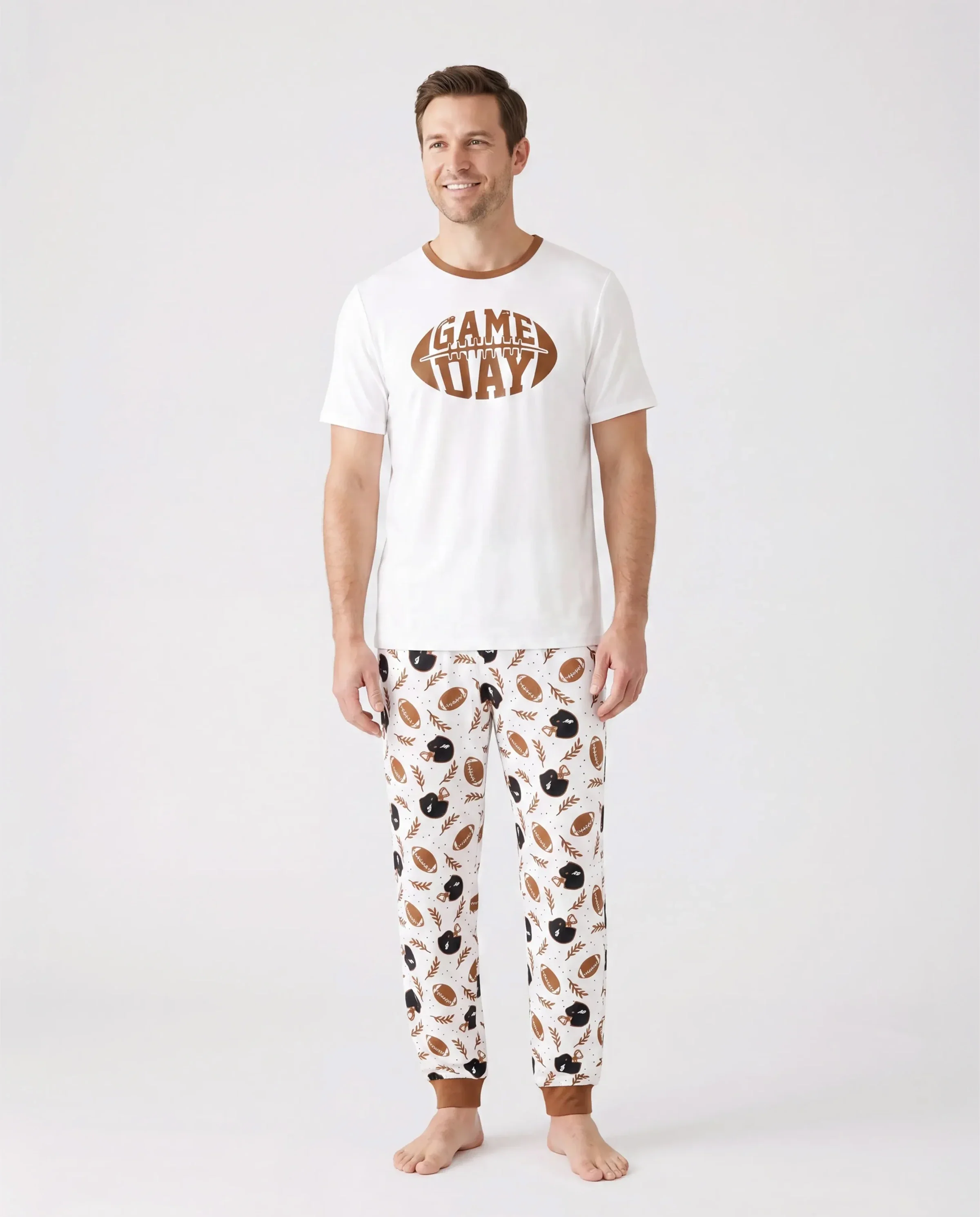 Bamboo Family Pajamas Football and Letter Print Short-sleeve Matching Pajama Set ( Snug-Fitting for Children ) Khaki - Image 5