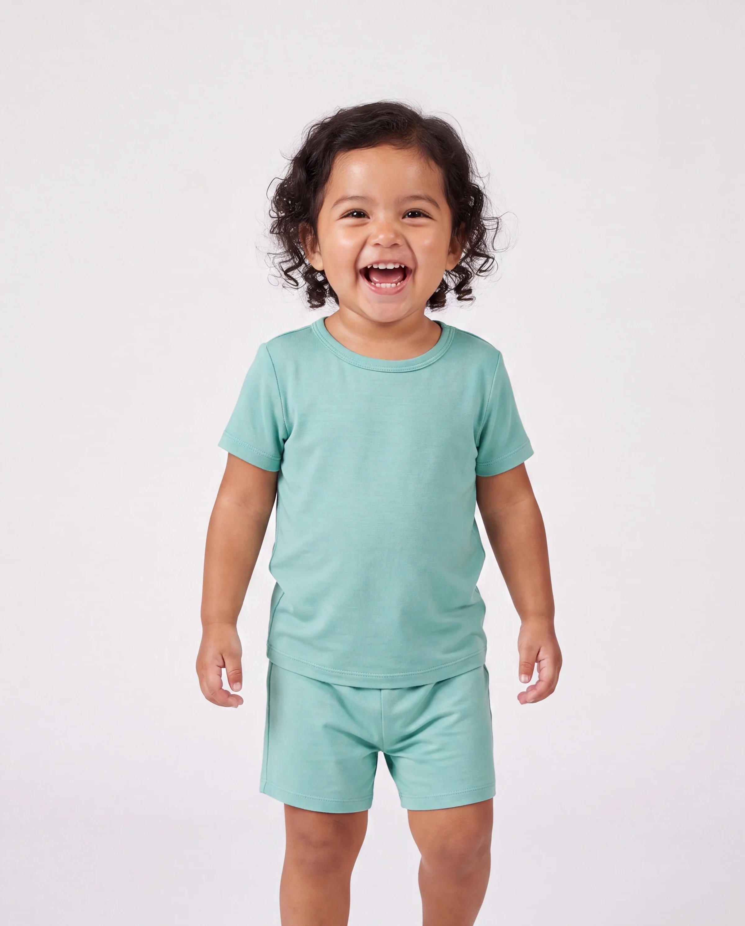 Bamboo Family Pajamas Solid Color Green Short Sleeve Matching Pajama Set ( Snug-Fitting for Children ) Green - Image 3
