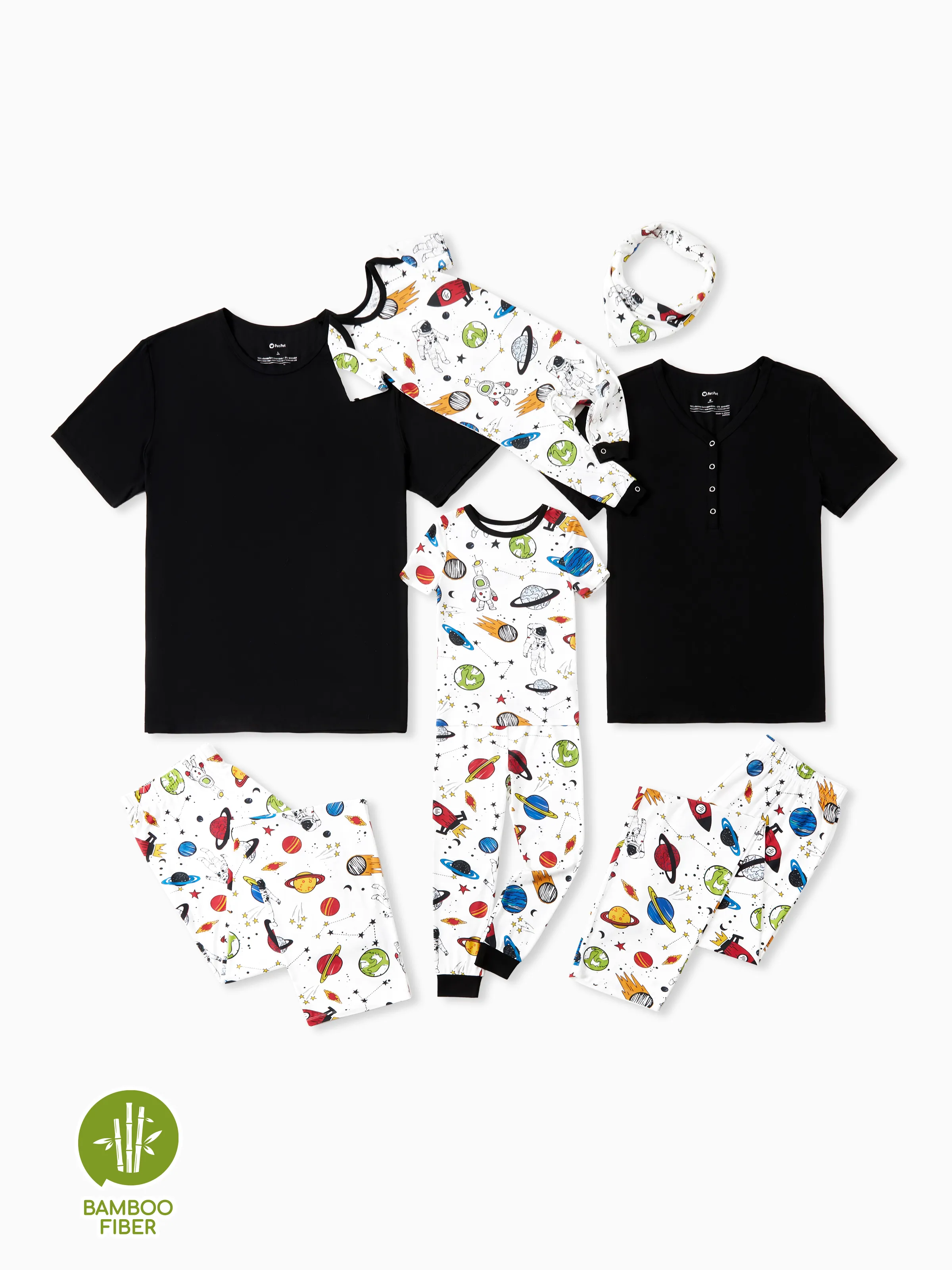 Bamboo Family Pajamas Space Theme Print Short-sleeve Matching Pajama set ( Snug-Fitting for Children ) White - Image 2