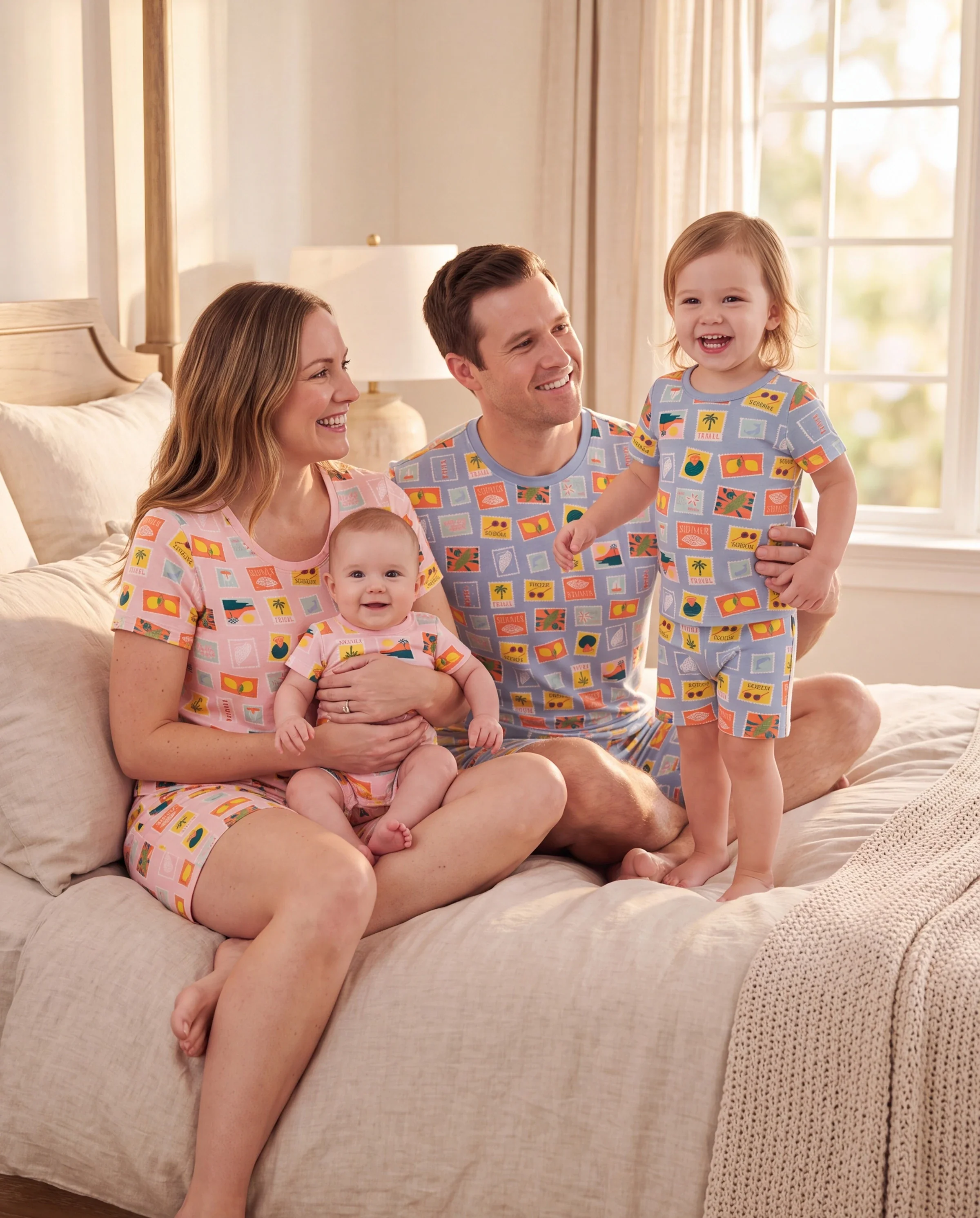 Bamboo Family Pajamas Vacation Theme Print Short-sleeve Matching Pajama set (Snug-Fitting for Children) Color block - Image 10