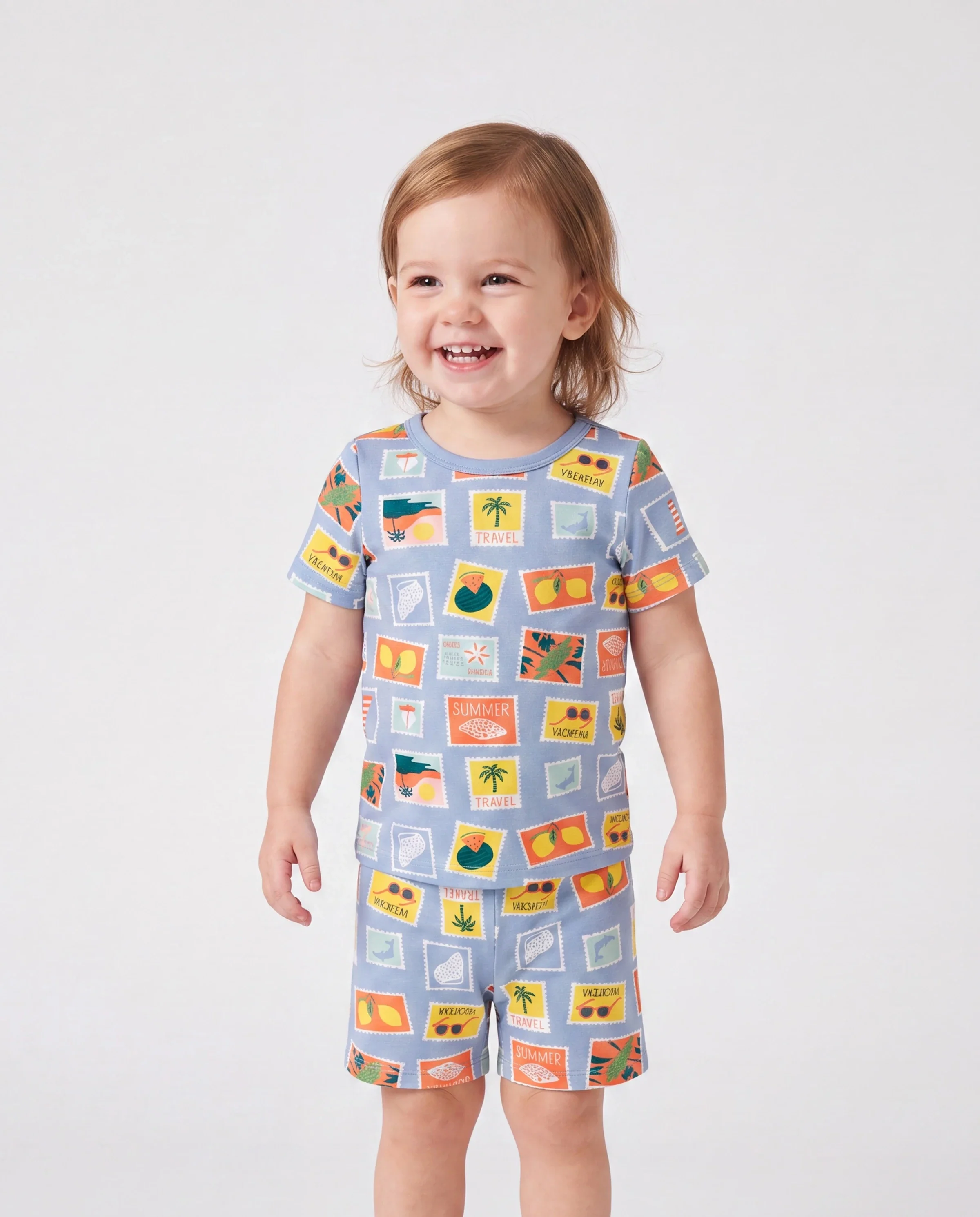 Bamboo Family Pajamas Vacation Theme Print Short-sleeve Matching Pajama set (Snug-Fitting for Children) Color block - Image 3