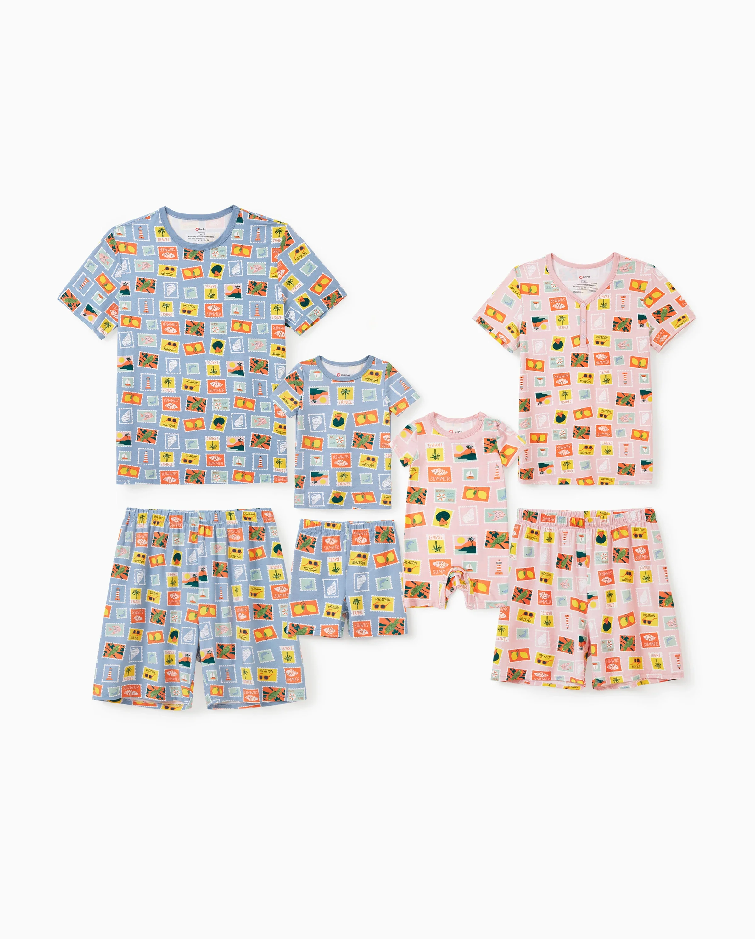 Bamboo Family Pajamas Vacation Theme Print Short-sleeve Matching Pajama set (Snug-Fitting for Children) Color block - Image 9