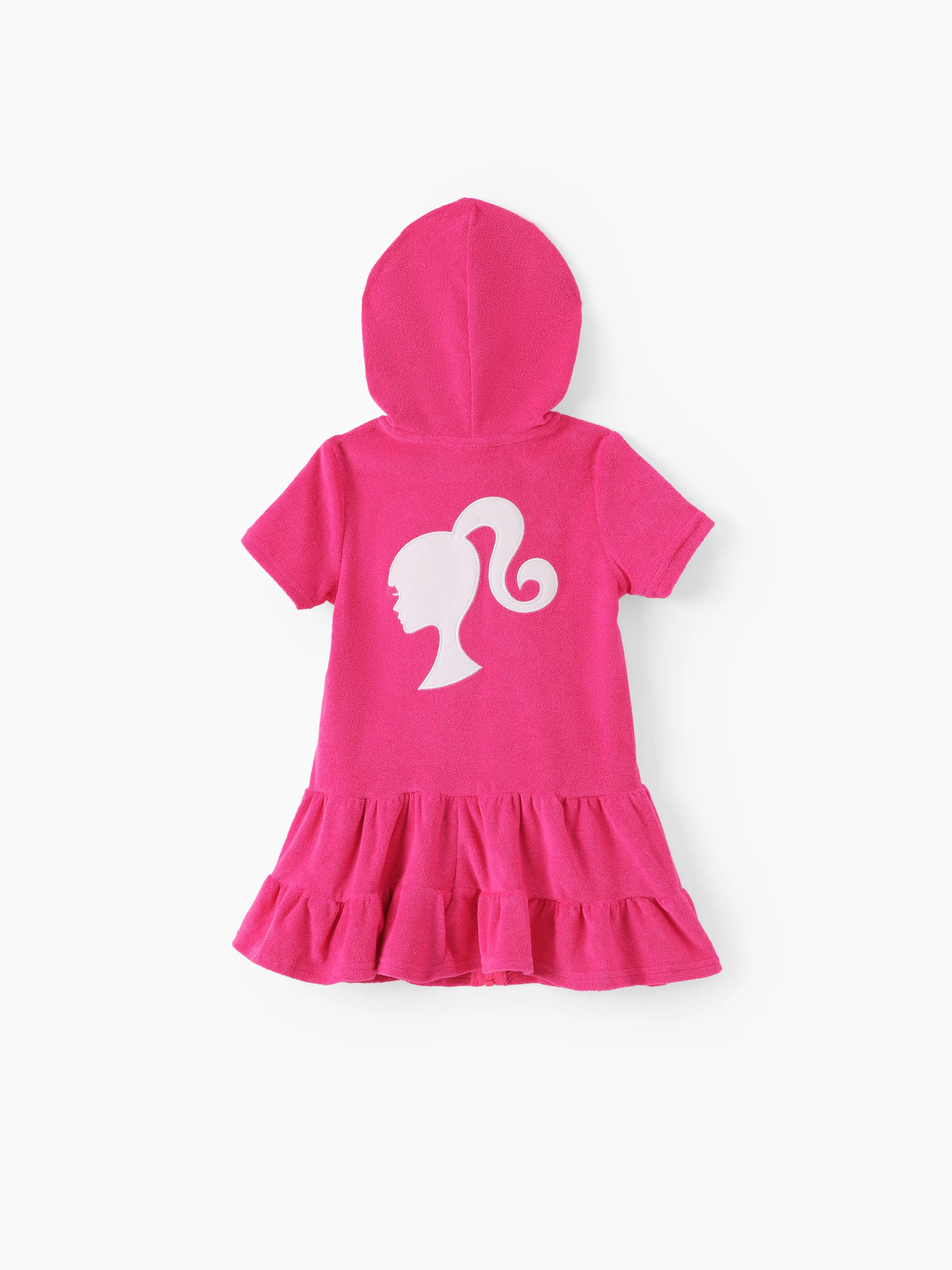 Barbie Toddler/Kid Girl 1pc Cotton Logo Embroidered Hooded Zipper Ruffle-hem Swim Cover-up Hot Pink