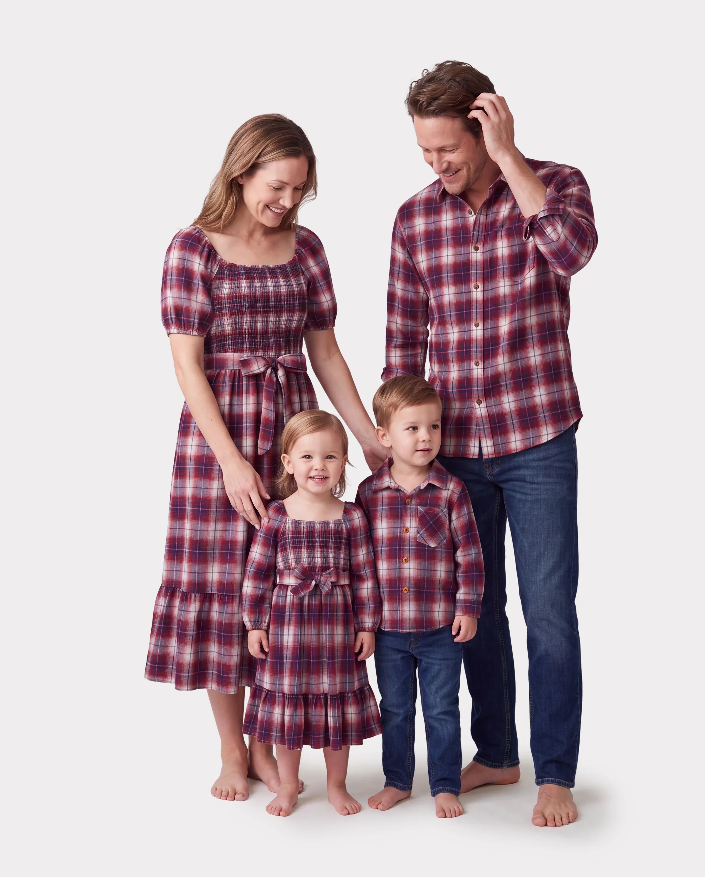 Christmas Plaid Matching Family Outfits Dad/Son Long-sleeve Shirts or Mom/Daughter Dresses Red