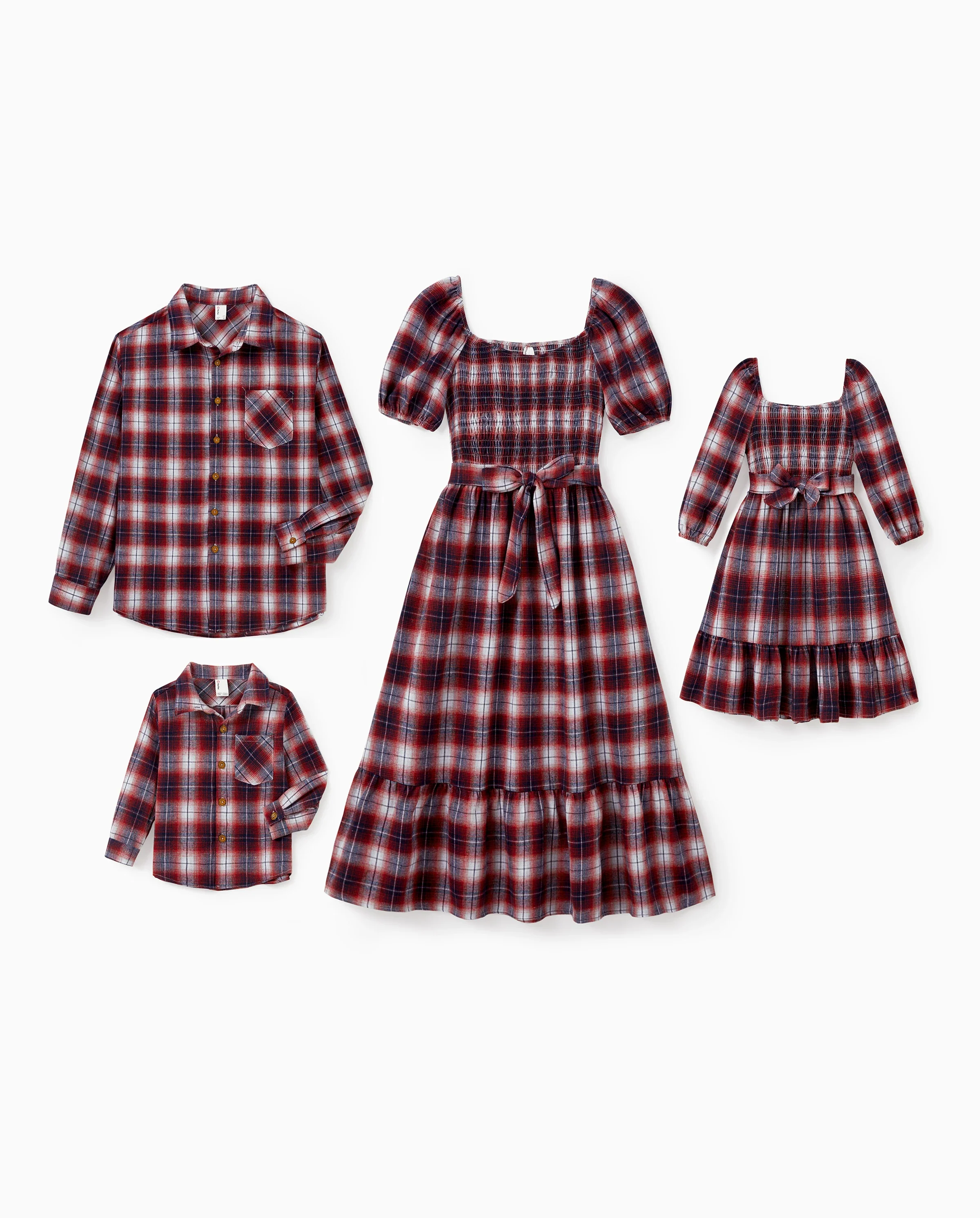 Christmas Plaid Matching Family Outfits Dad/Son Long-sleeve Shirts or Mom/Daughter Dresses Red - Image 9