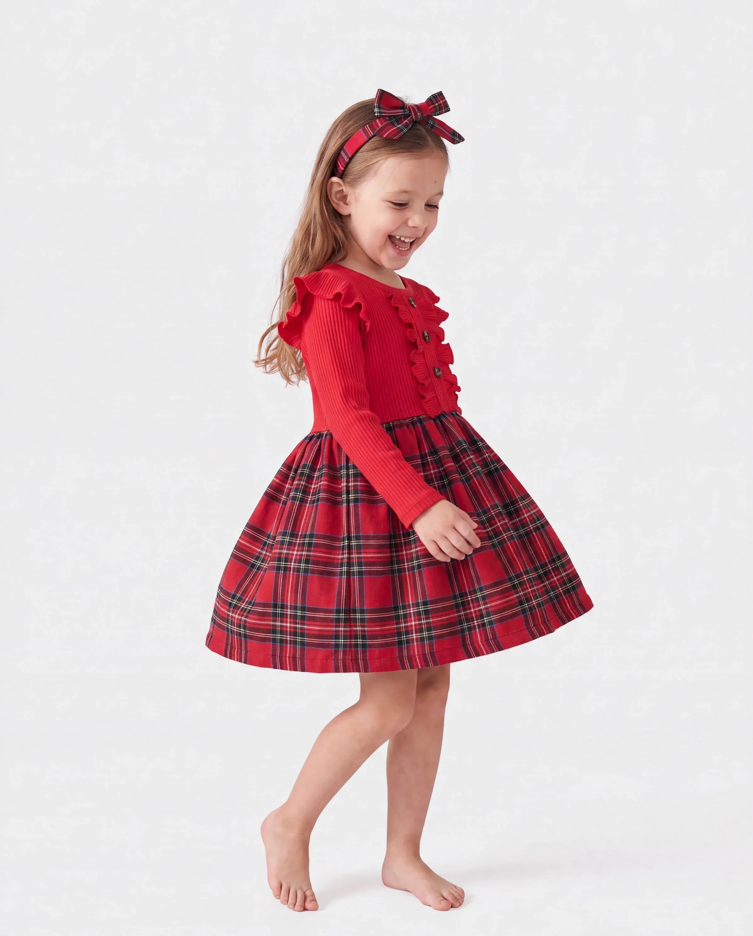 Christmas Toddler Girl Grid Print Ruffled Dress with Headband Red - Image 4