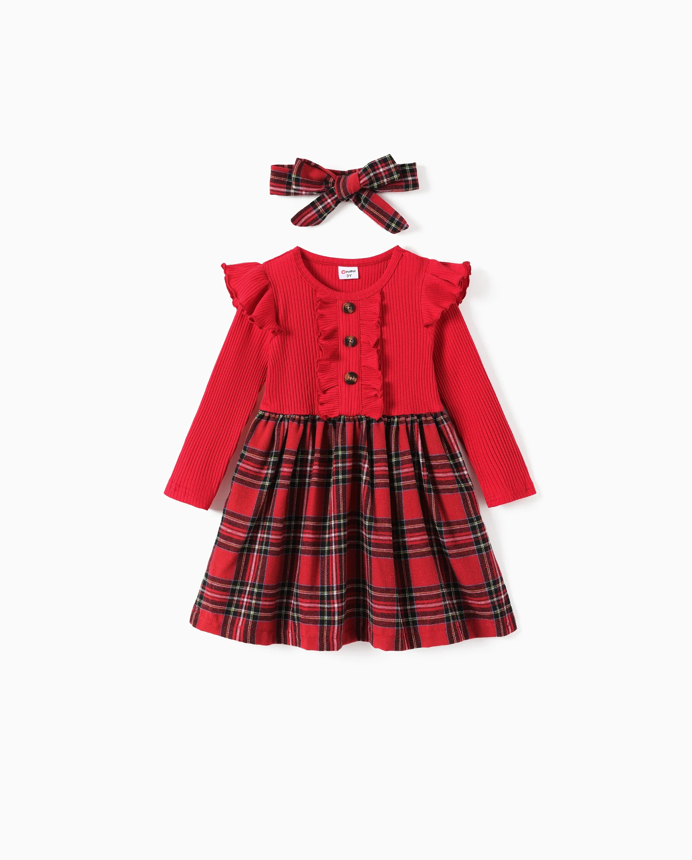 Christmas Toddler Girl Grid Print Ruffled Dress with Headband Red - Image 5