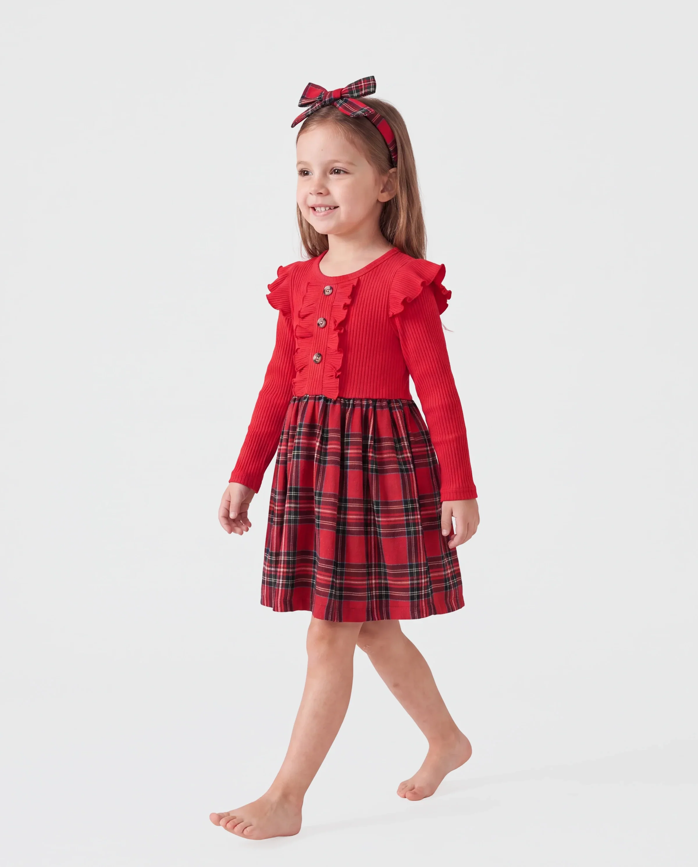 Christmas Toddler Girl Grid Print Ruffled Dress with Headband Red - Image 6