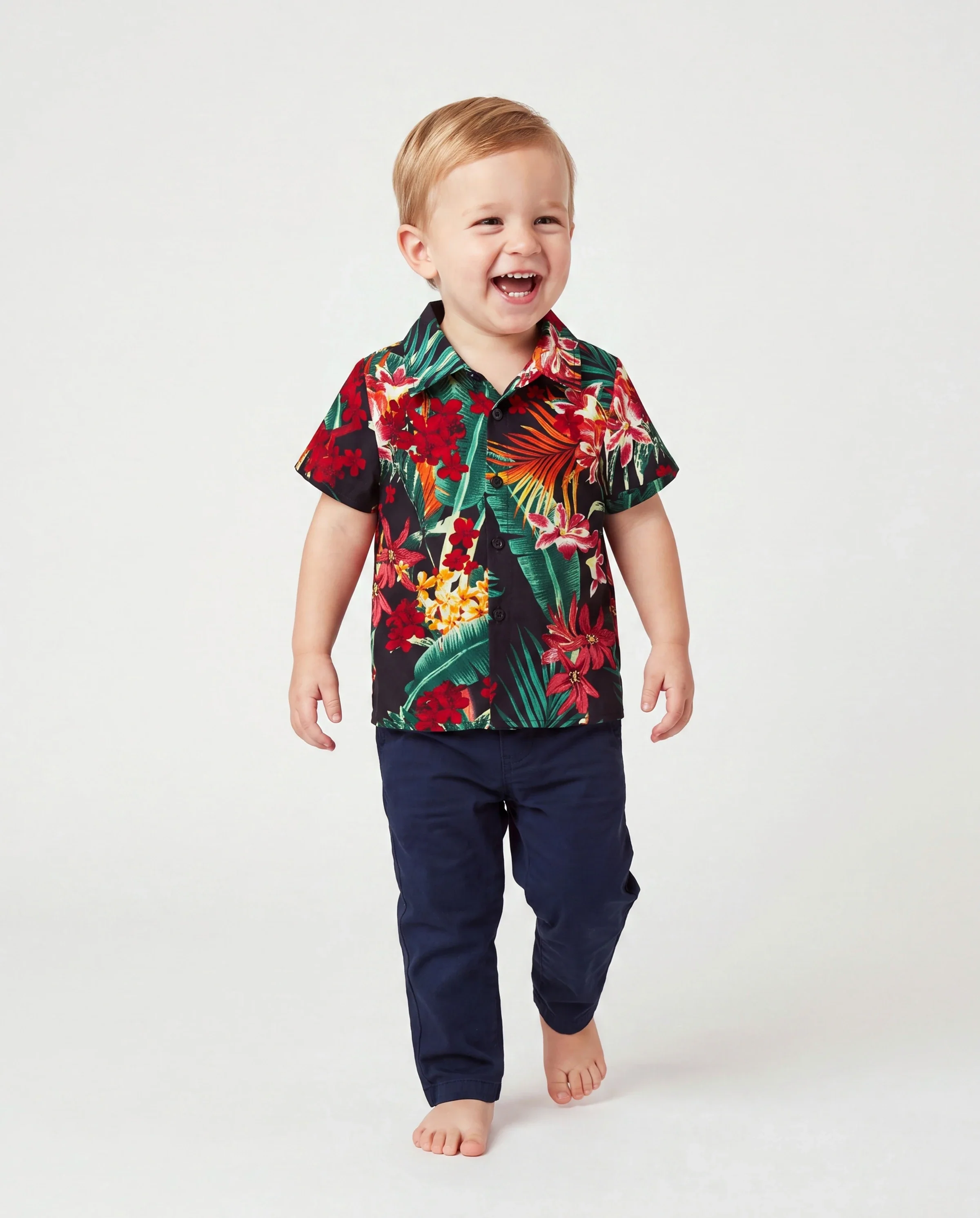 Daddy and Me Family Matching Allover Plant Floral Print Halterneck Dresses and Short-sleeve Shirts Sets Black - Image 3