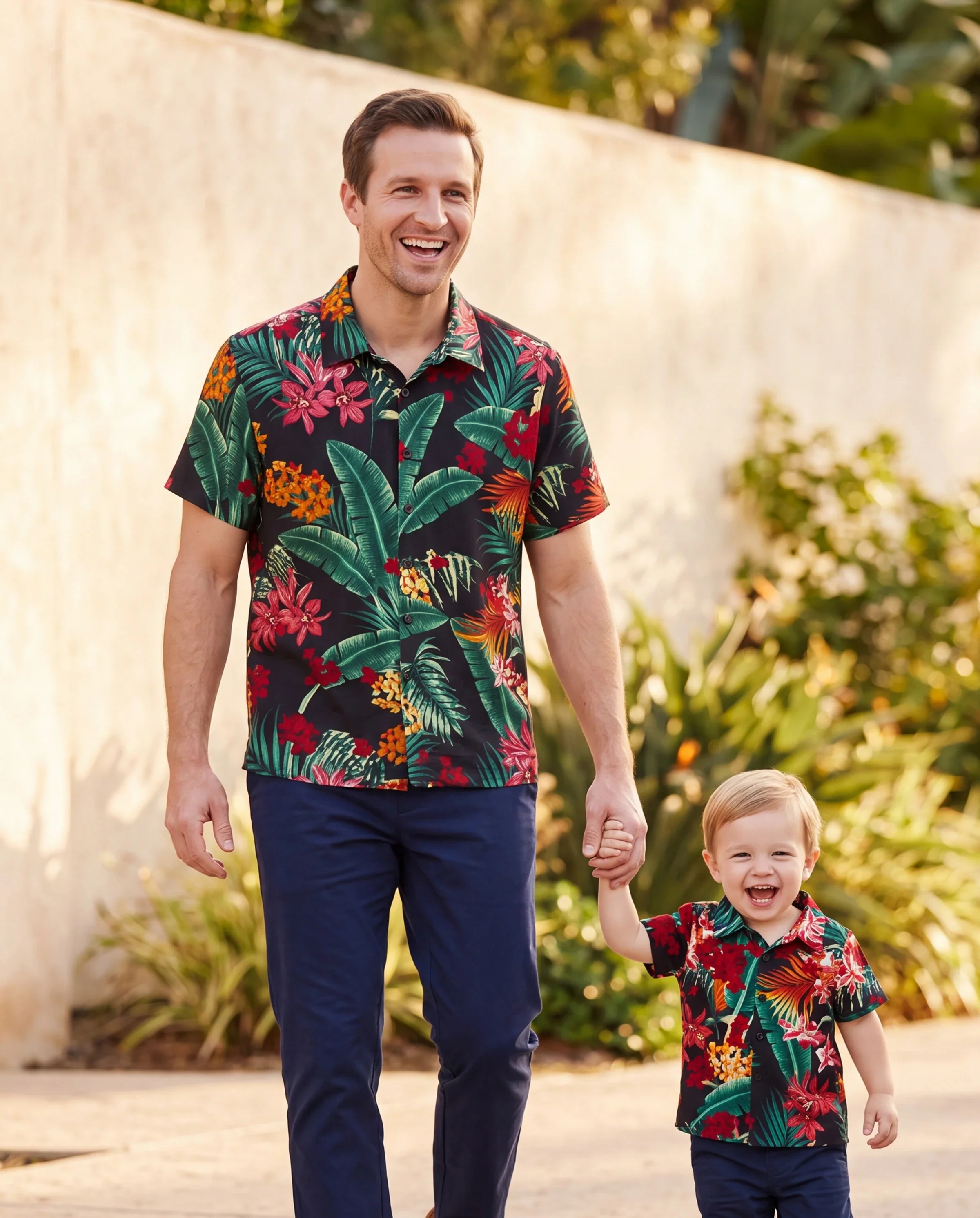 Daddy and Me Family Matching Allover Plant Floral Print Halterneck Dresses and Short-sleeve Shirts Sets Black - Image 8