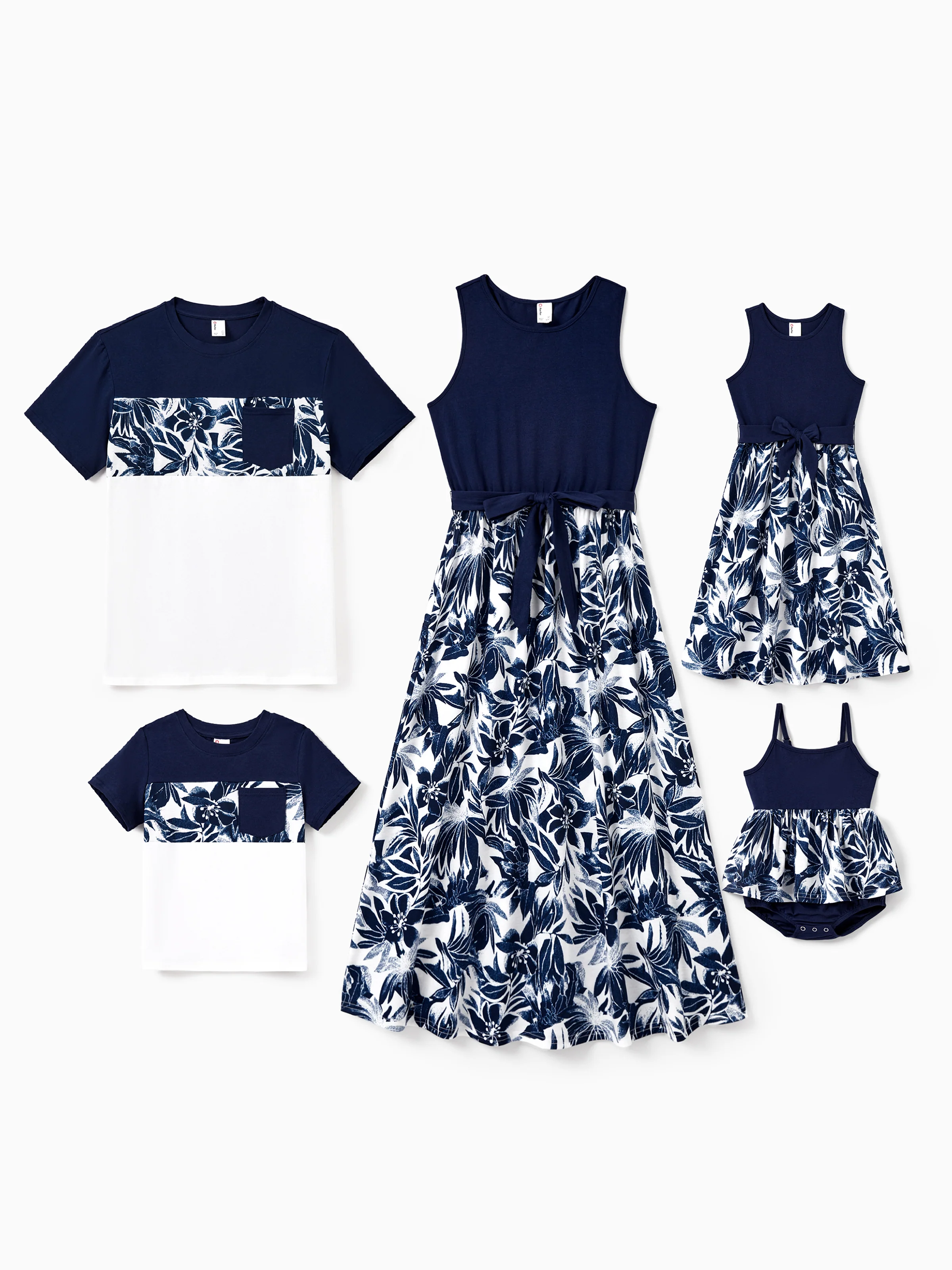 Mommy and Me Family Matching Cotton Tee Flora Print Splicing Shirt or Tank Dress Deep Blue - Image 2