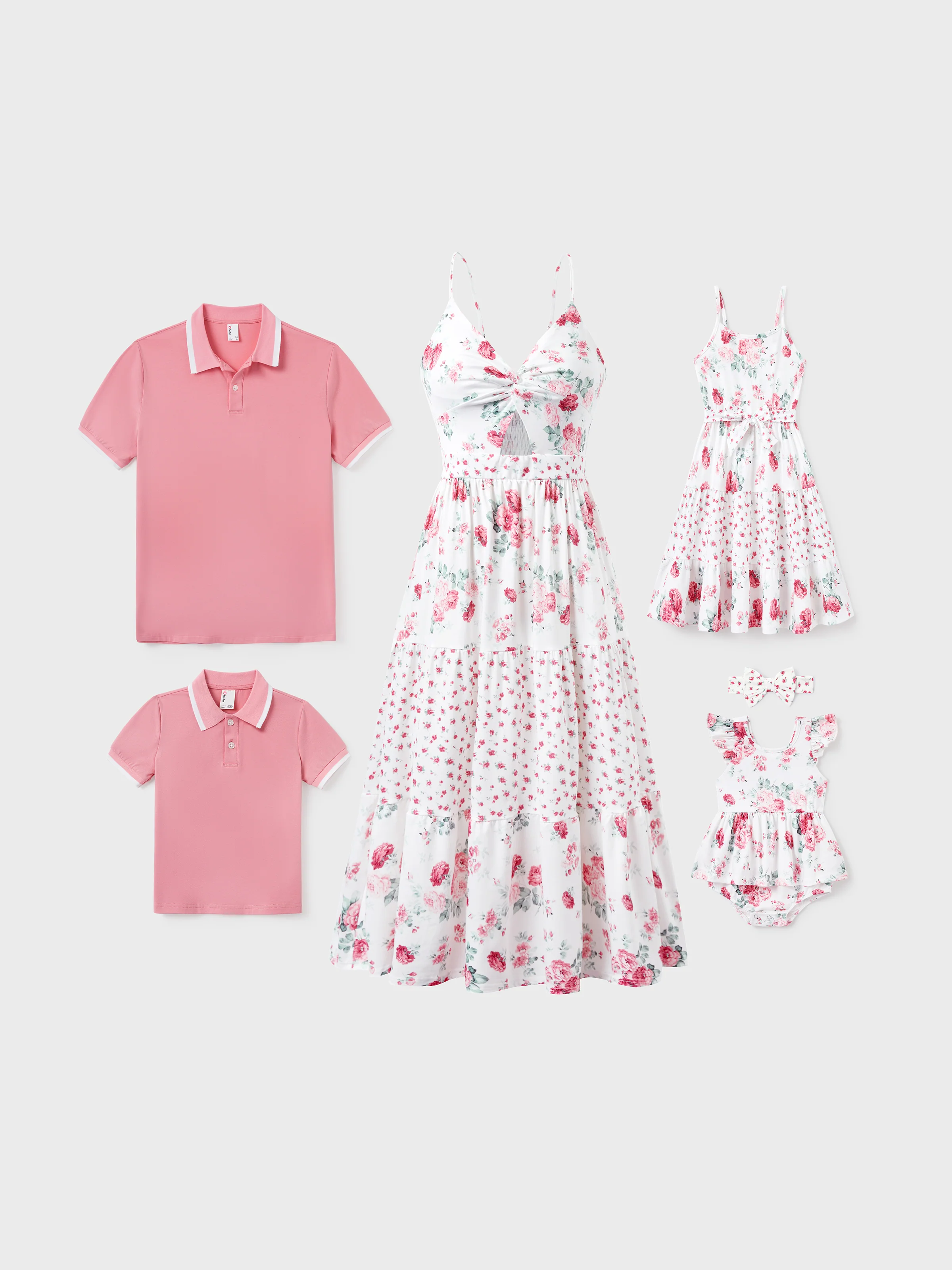 Mommy and Me Family Matching Outfits Set Solid Color Short-sleeve Polo Collar Shirt or Flower Print Hollow out Dress Pink - Image 22