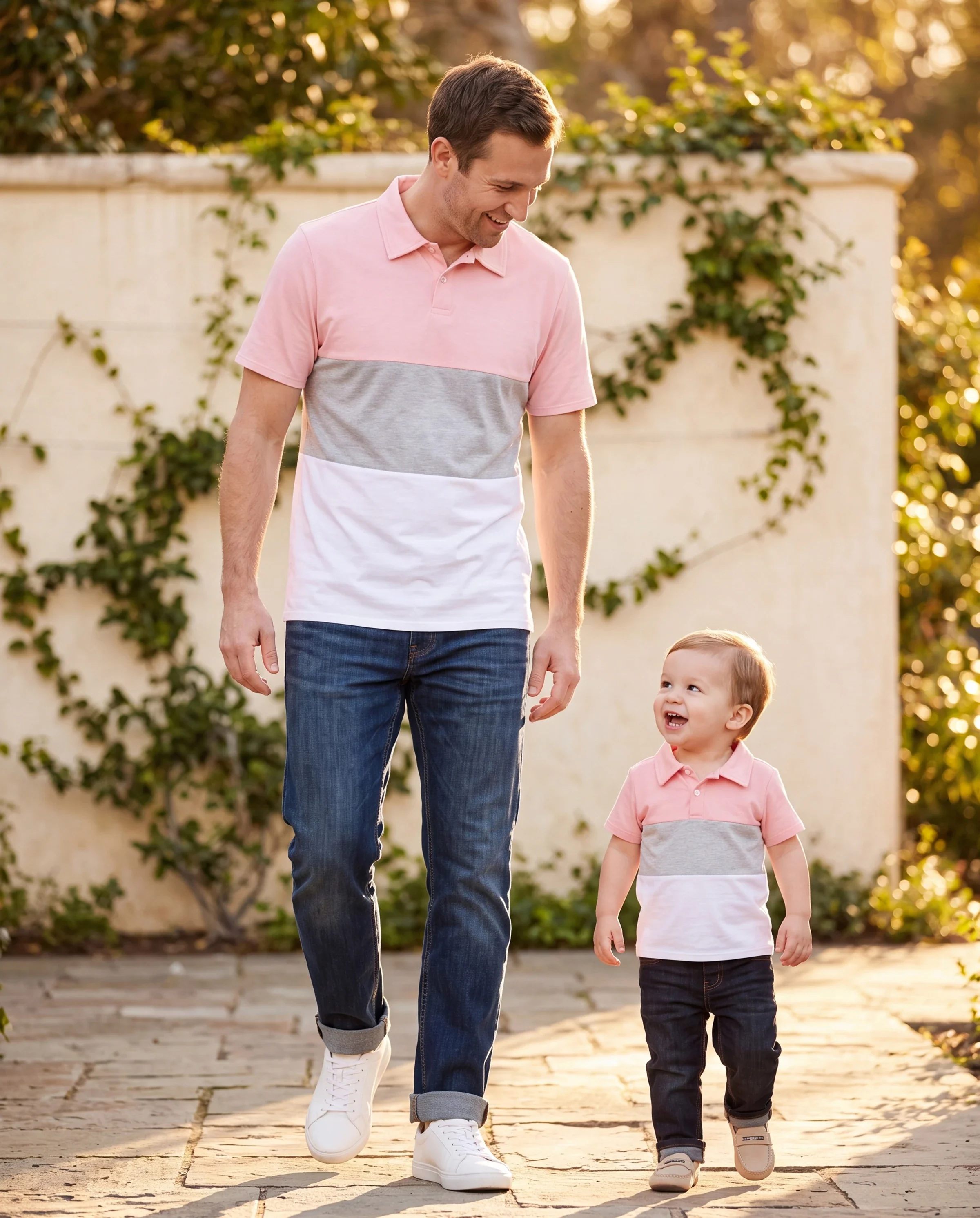 Daddy and Me Family Matching Pink Sleeveless Splicing Floral Print Midi Dresses and Colorblock Short-sleeve Polo Shirts Sets Pink - Image 8